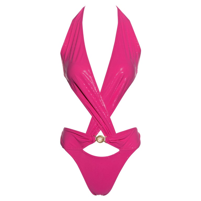 Versace hot glitter pink bandage halter neck bodysuit bath suit, ss ...