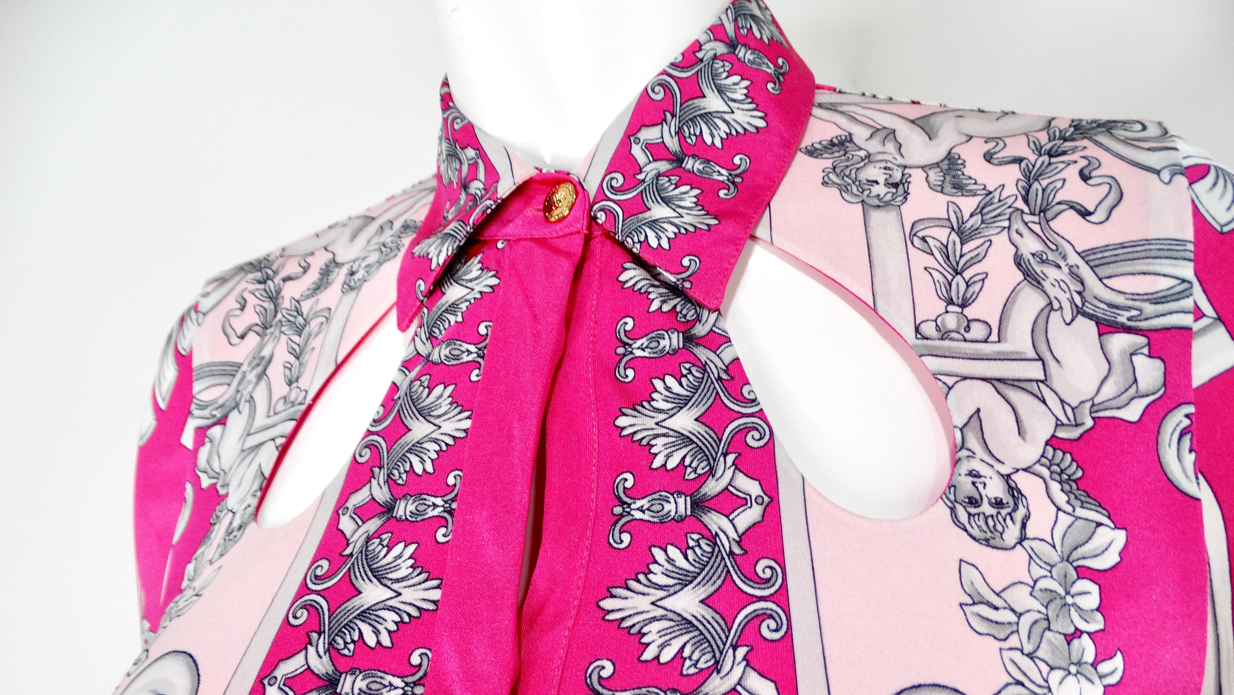 Vestido con Cinturón de Manga Larga y Estampado Barroco Recortado Versace Rosa Caliente en venta 5