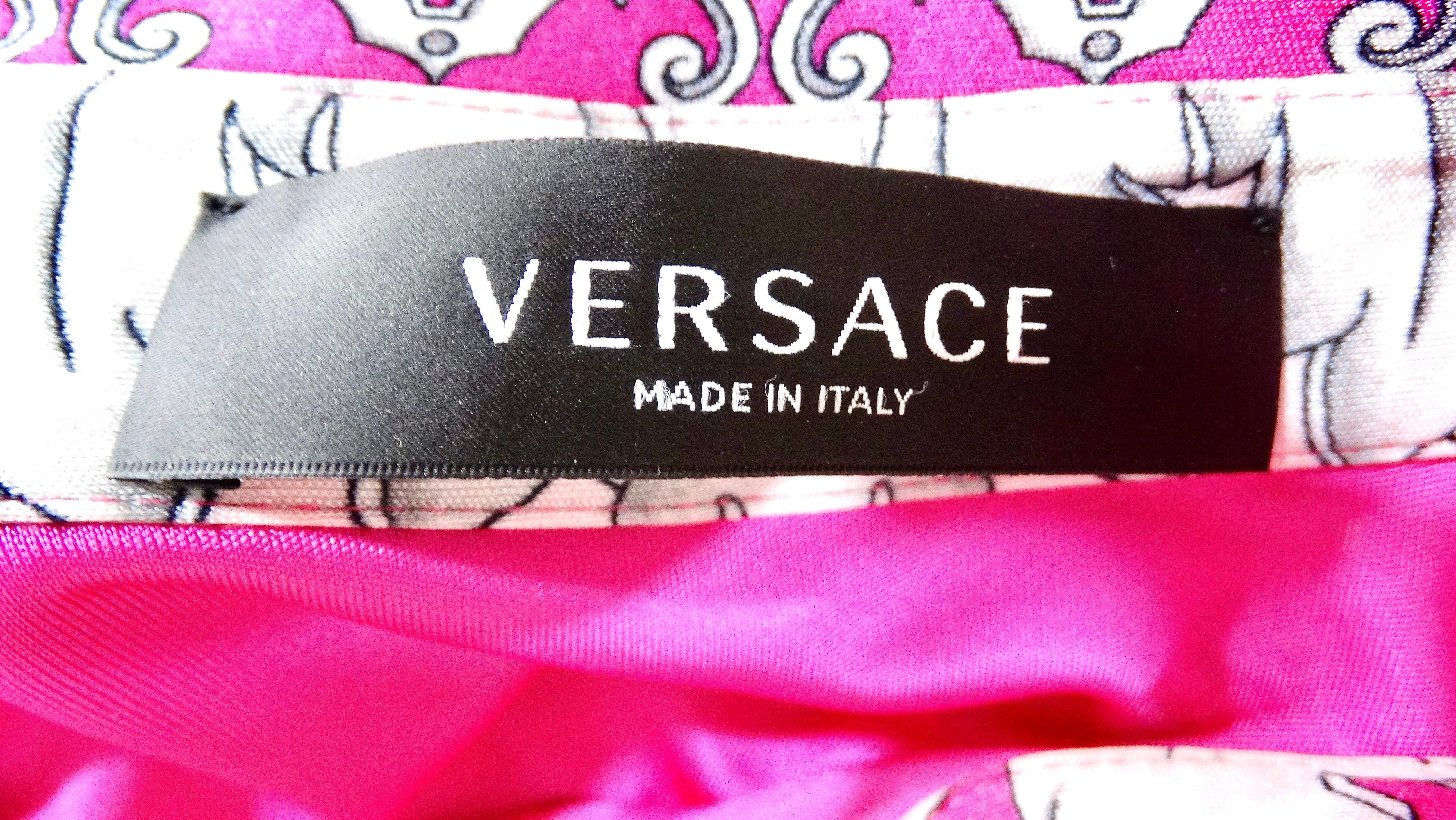 Vestido con Cinturón de Manga Larga y Estampado Barroco Recortado Versace Rosa Caliente en venta 6