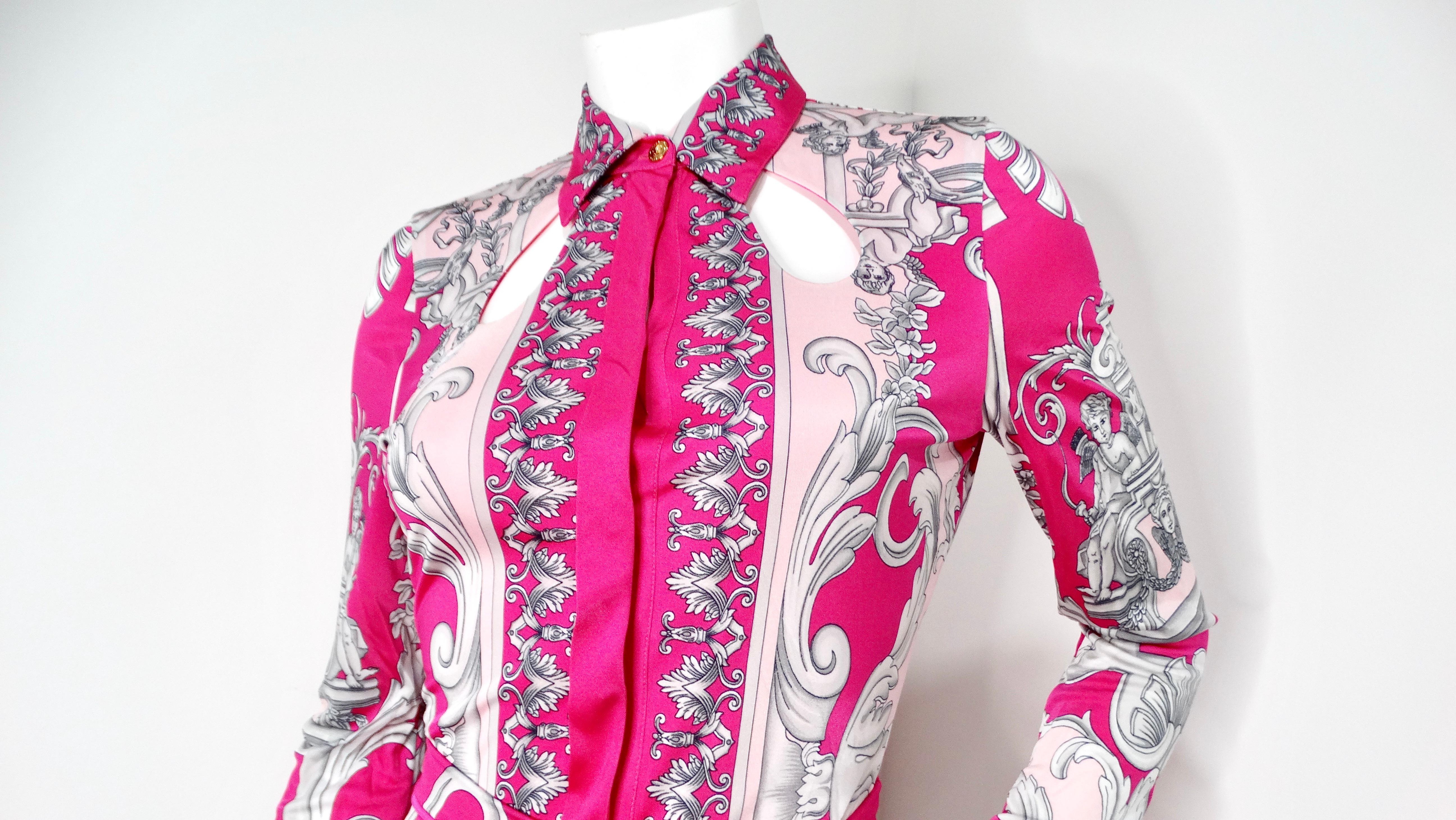 Vestido con Cinturón de Manga Larga y Estampado Barroco Recortado Versace Rosa Caliente Gris en venta