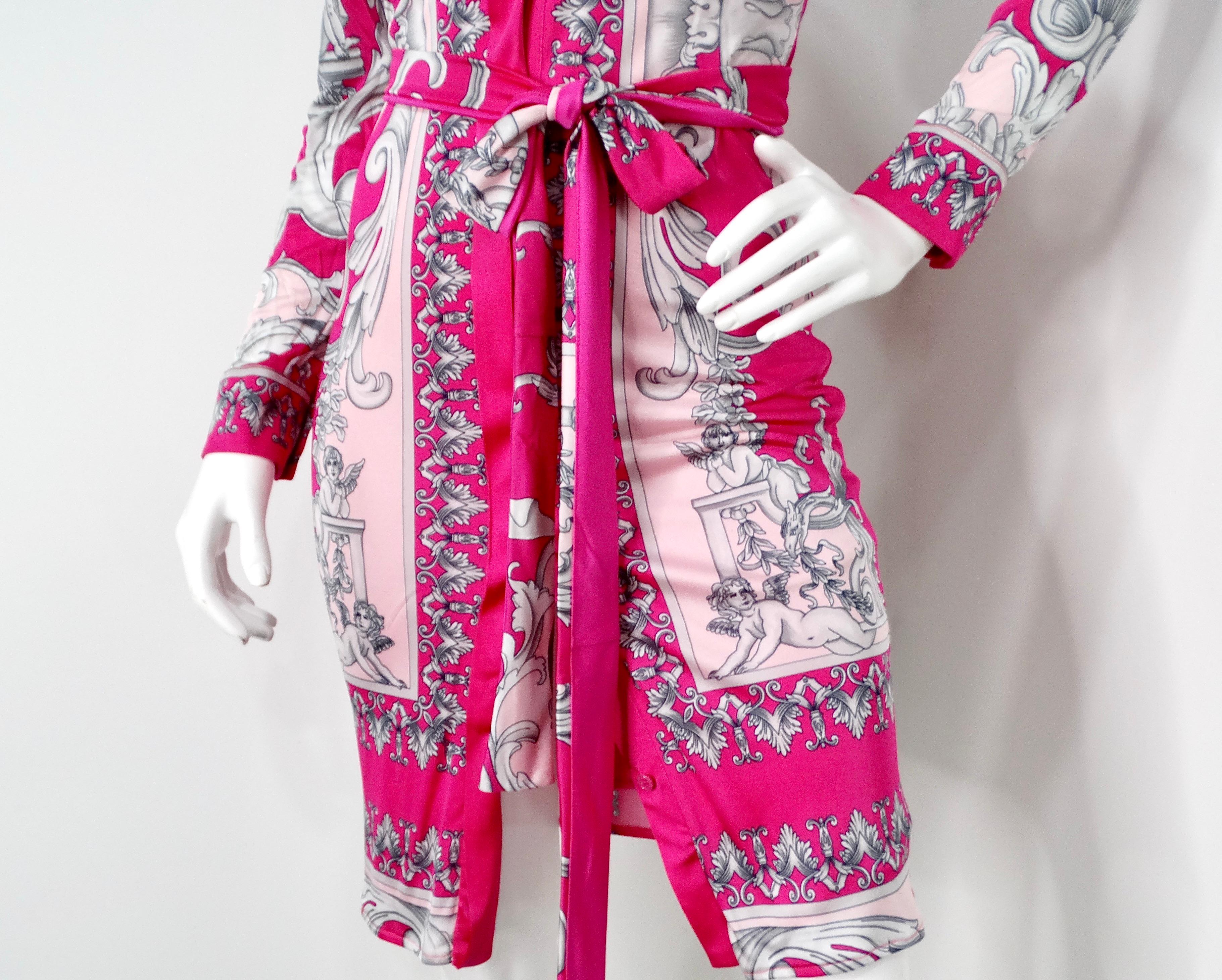 De las mujeres Vestido con Cinturón de Manga Larga y Estampado Barroco Recortado Versace Rosa Caliente en venta