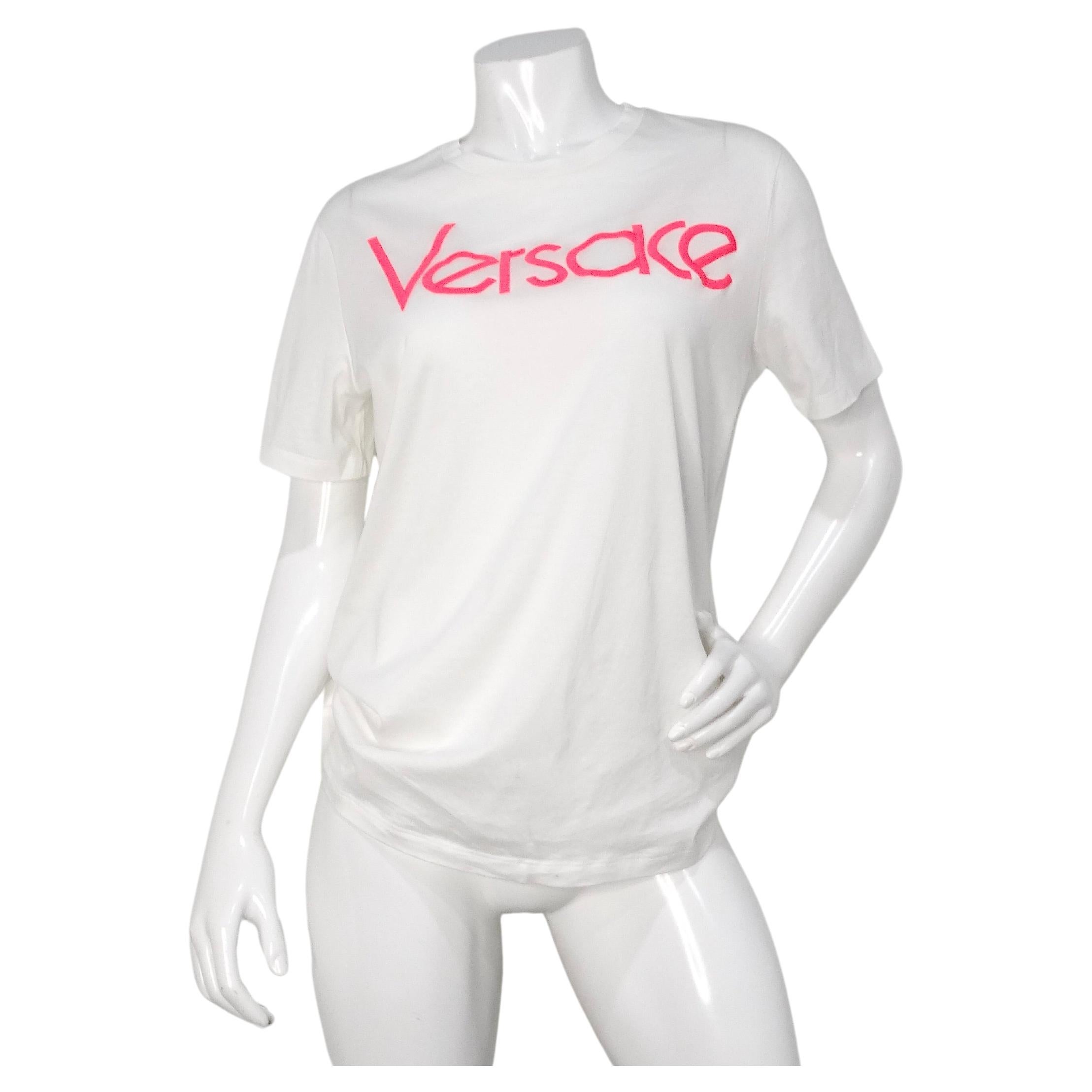 Versace Hot Pink Embroidered White Cotton T-Shirt For Sale