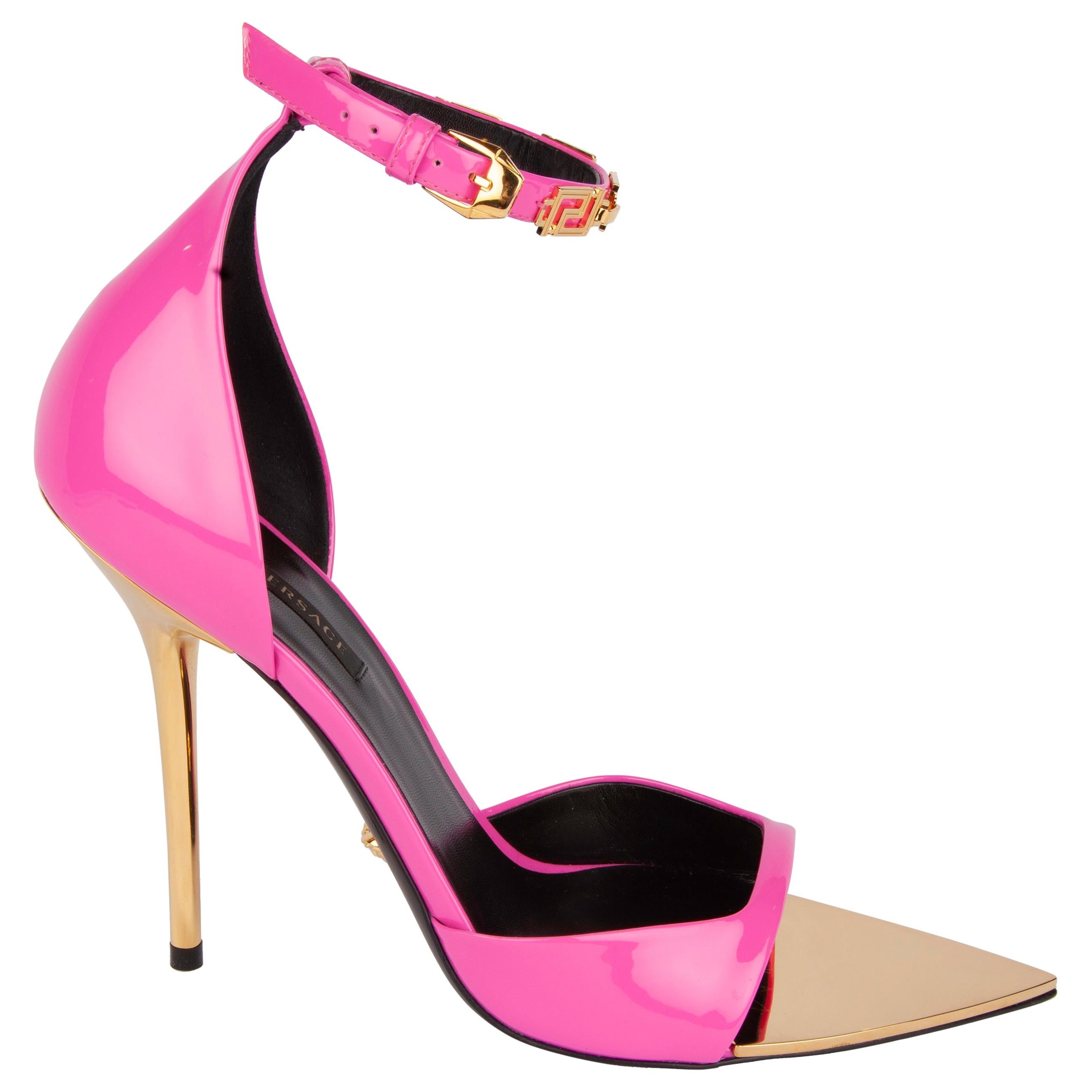 Versace Hot Pink Patent Leather Strap Heels with Gold Tone Hardware Size 39