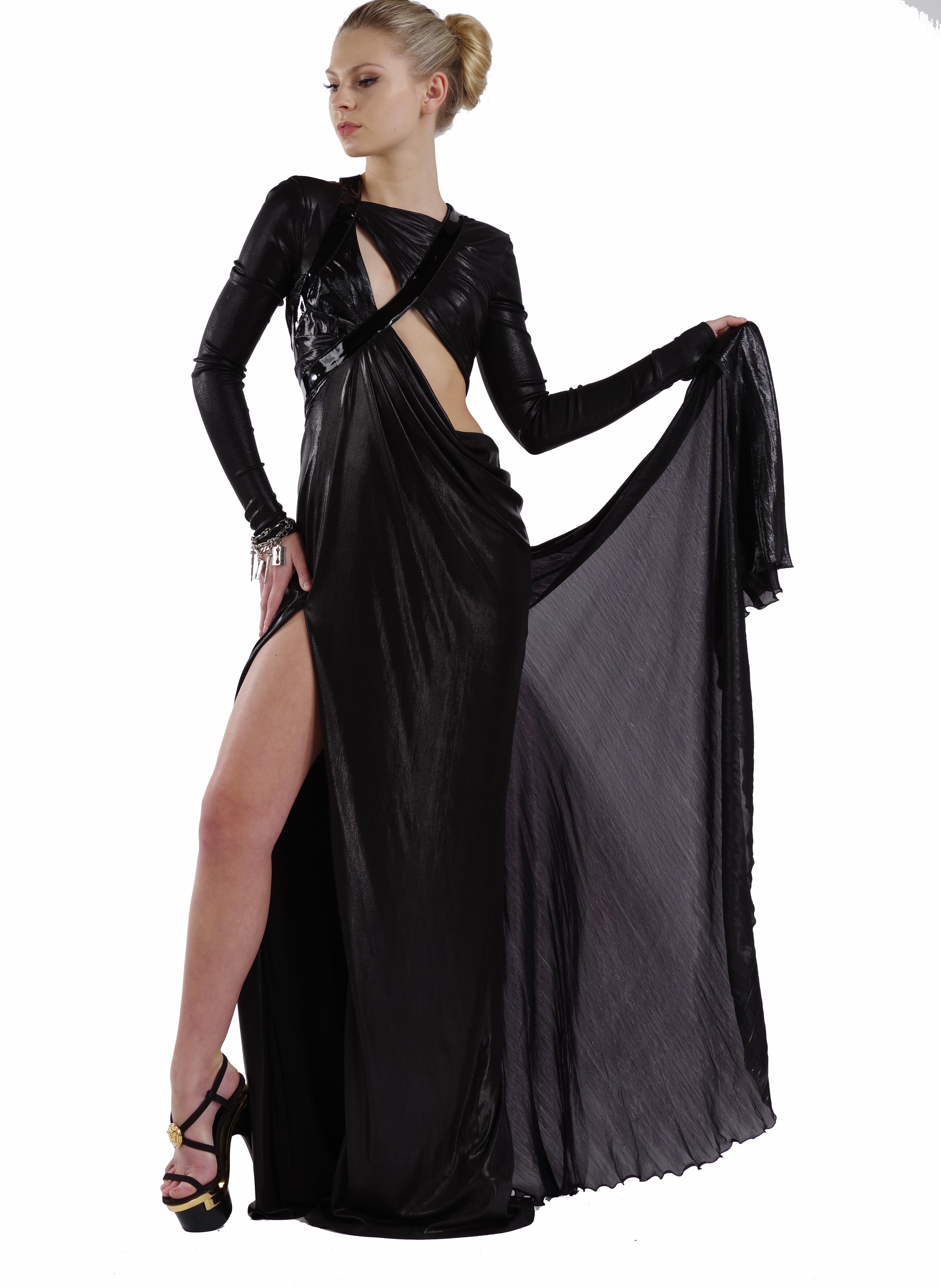 
VERSACE


This liquid jersey gown from Versace features cutout shoulder detail, 

full-length vinyl sleeves with zip accents, 

and a floor-sweeping skirt with thigh-high slit.

Size 40 or US 4

Made in Italy

Pre-owned, VERY good condition!

100%