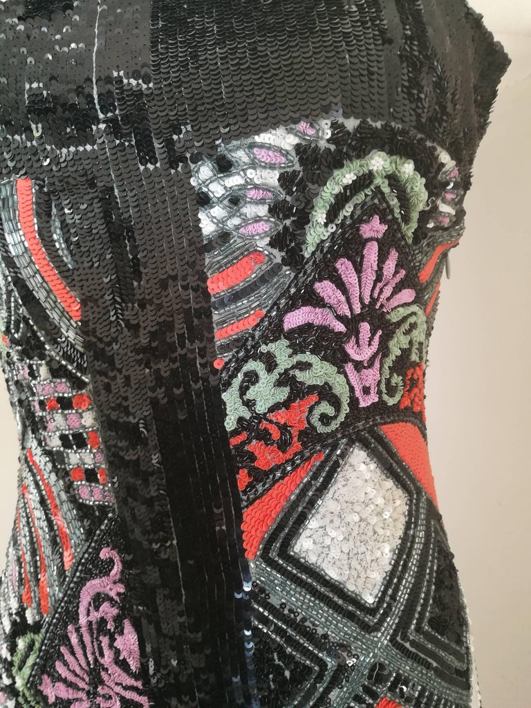 Black Versace Iconic Museum Sequins and Beads Multicolour Long Dress For Sale