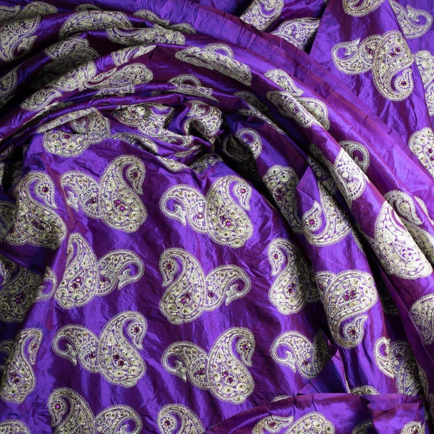 Versace Inspired Violet Paisley Ari Metallic Embroidery Jeweled Rhinstone Silk For Sale 4