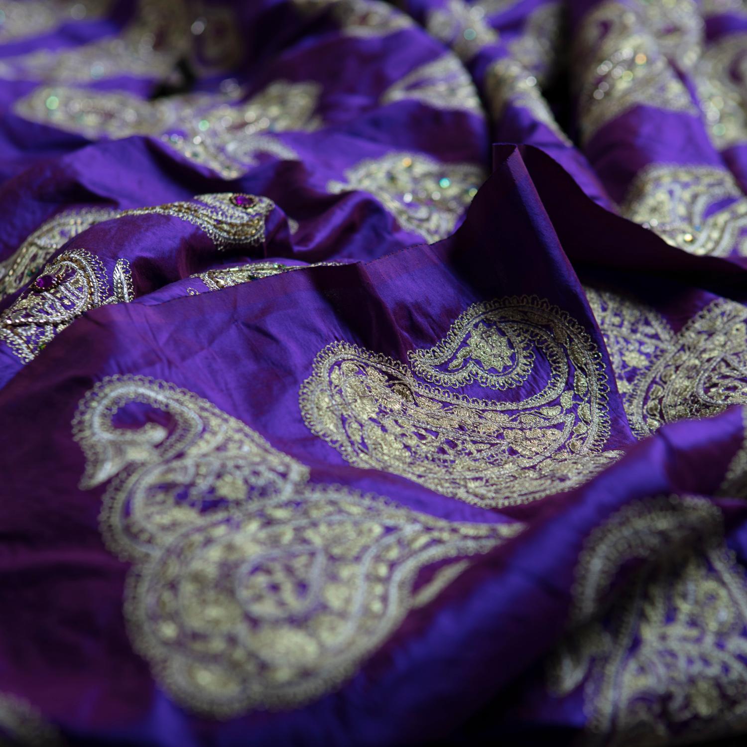 Bohemian Versace Inspired Violet Paisley Ari Metallic Embroidery Jeweled Rhinstone Silk For Sale