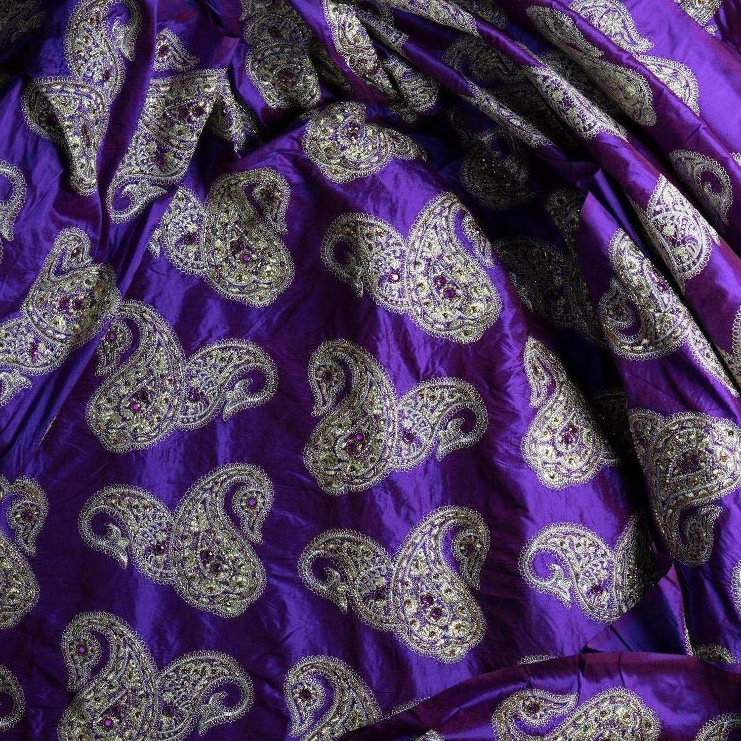 Embroidered Versace Inspired Violet Paisley Ari Metallic Embroidery Jeweled Rhinstone Silk For Sale