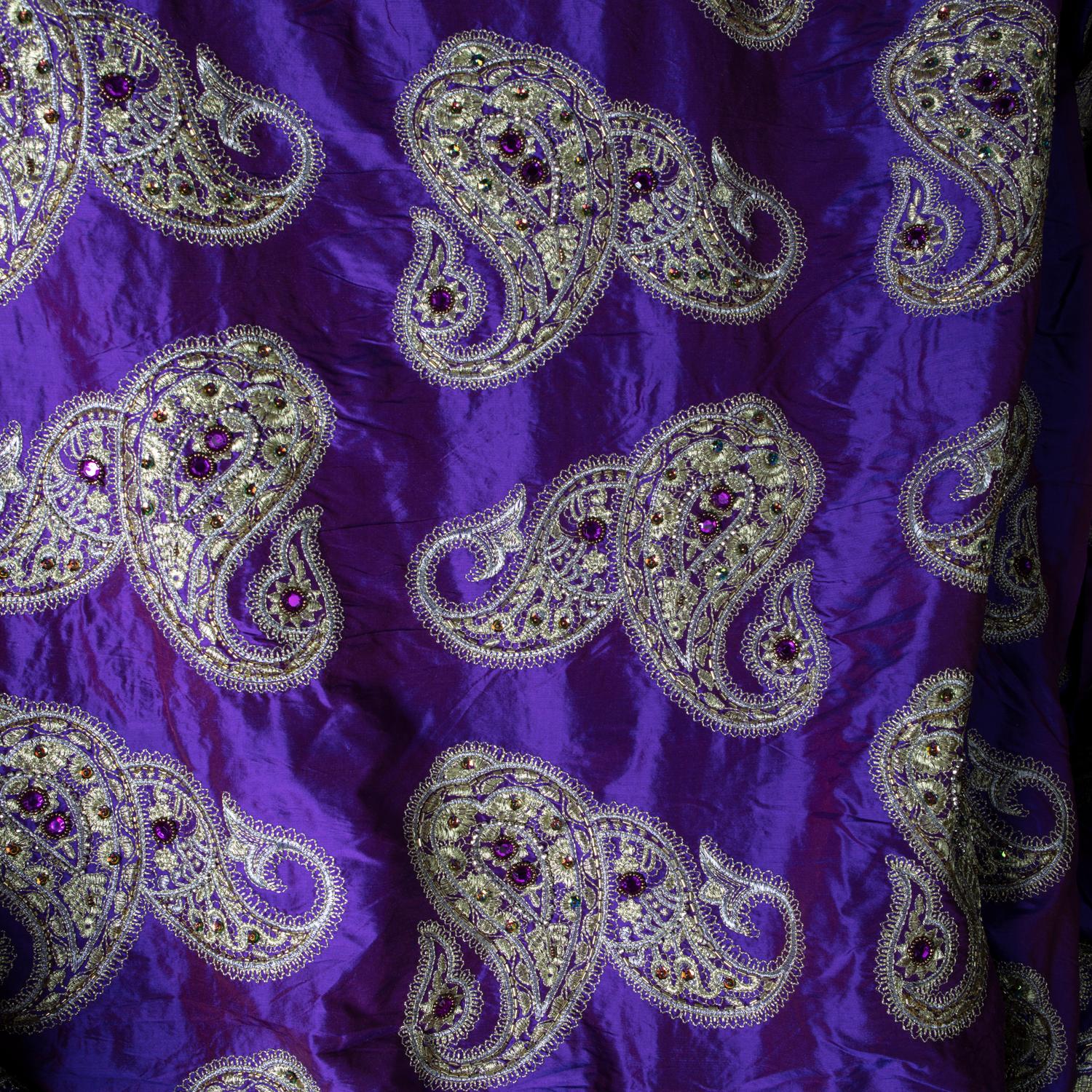 Late 20th Century Versace Inspired Violet Paisley Ari Metallic Embroidery Jeweled Rhinstone Silk For Sale