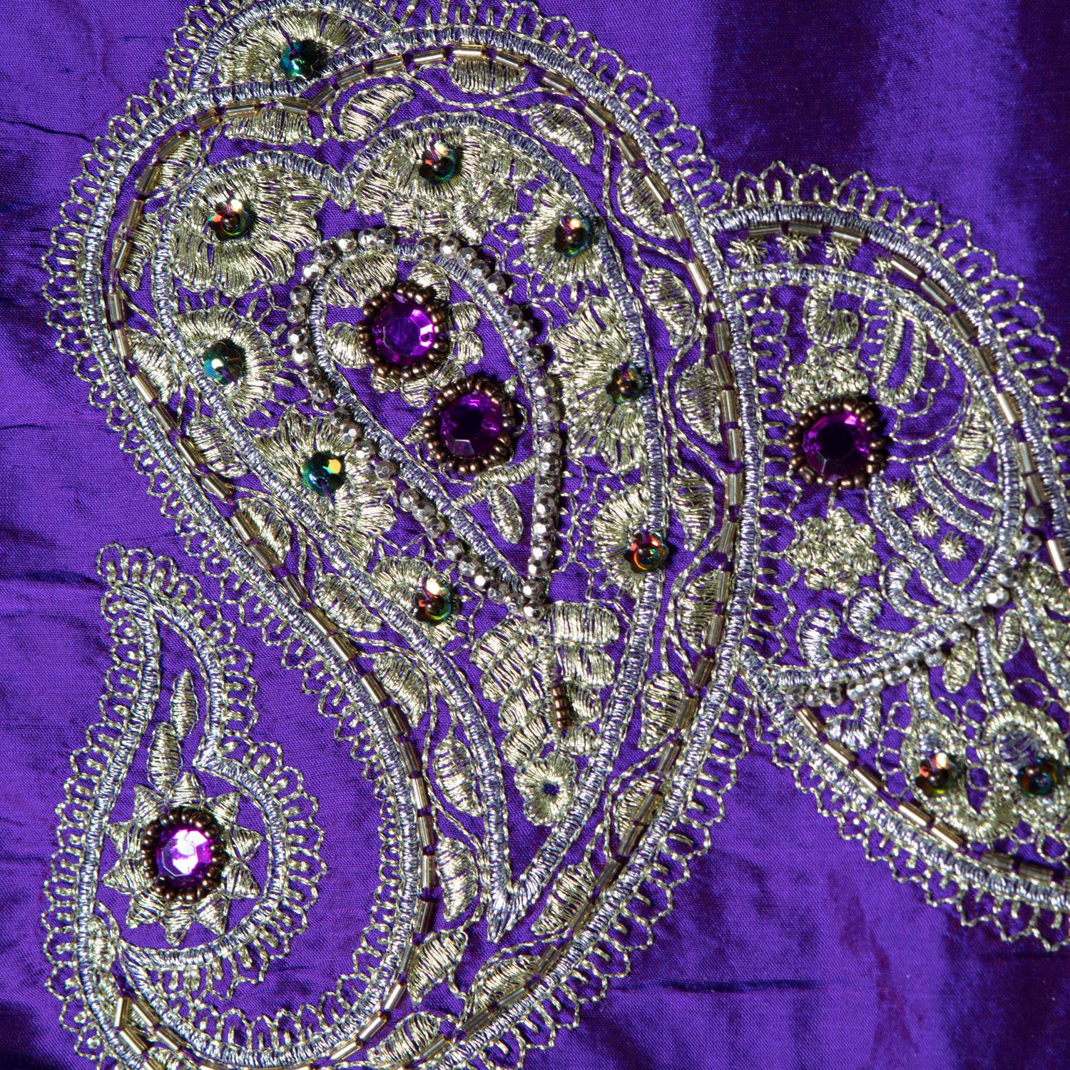 Versace Inspired Violet Paisley Ari Metallic Embroidery Jeweled Rhinstone Silk For Sale 2