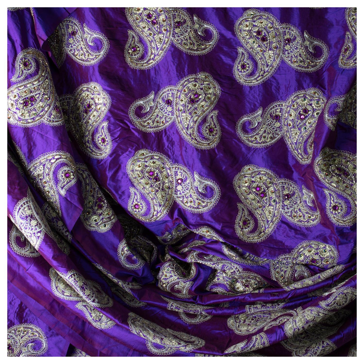 Versace Inspired Violet Paisley Ari Metallic Embroidery Jeweled Rhinstone Silk For Sale