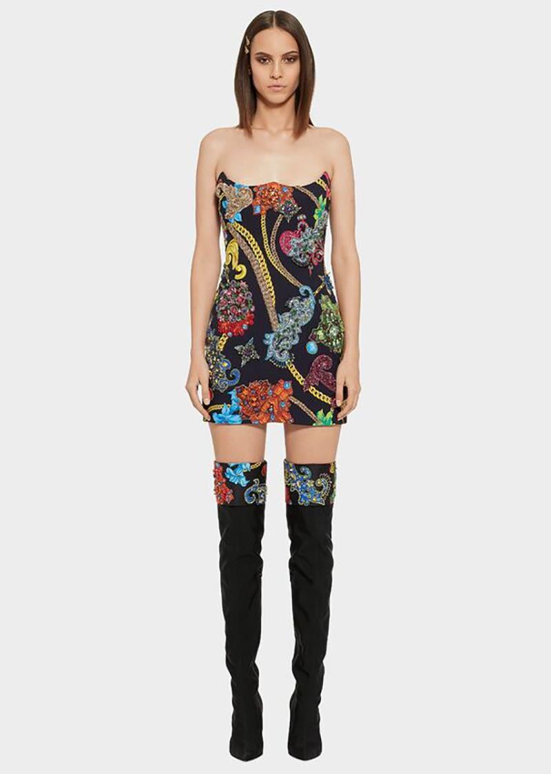 Women's VERSACE INVERTED HEART JEWEL EMBELLISHED DRESS and BOOTS as seen on KENDALL