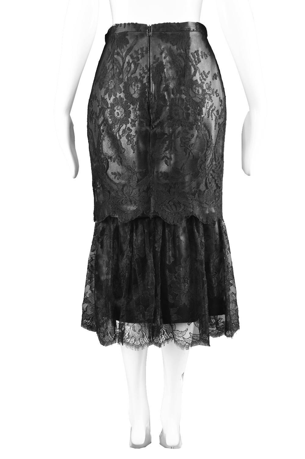 Black Versace Istante Vintage Leather & Lace Skirt For Sale
