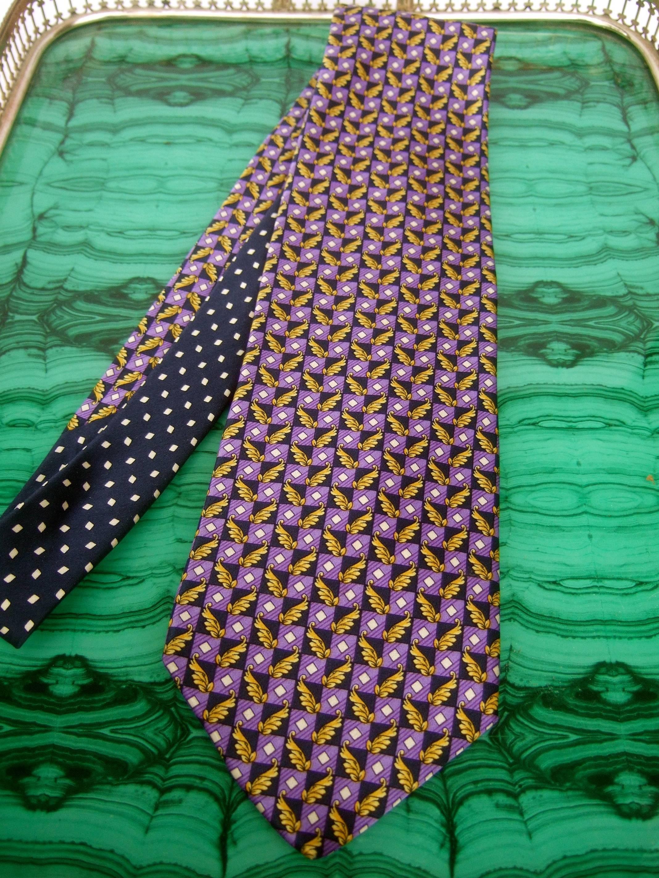 Versace Italian Violet & Gold Graphic Print Silk Necktie c 1990s In Good Condition For Sale In University City, MO