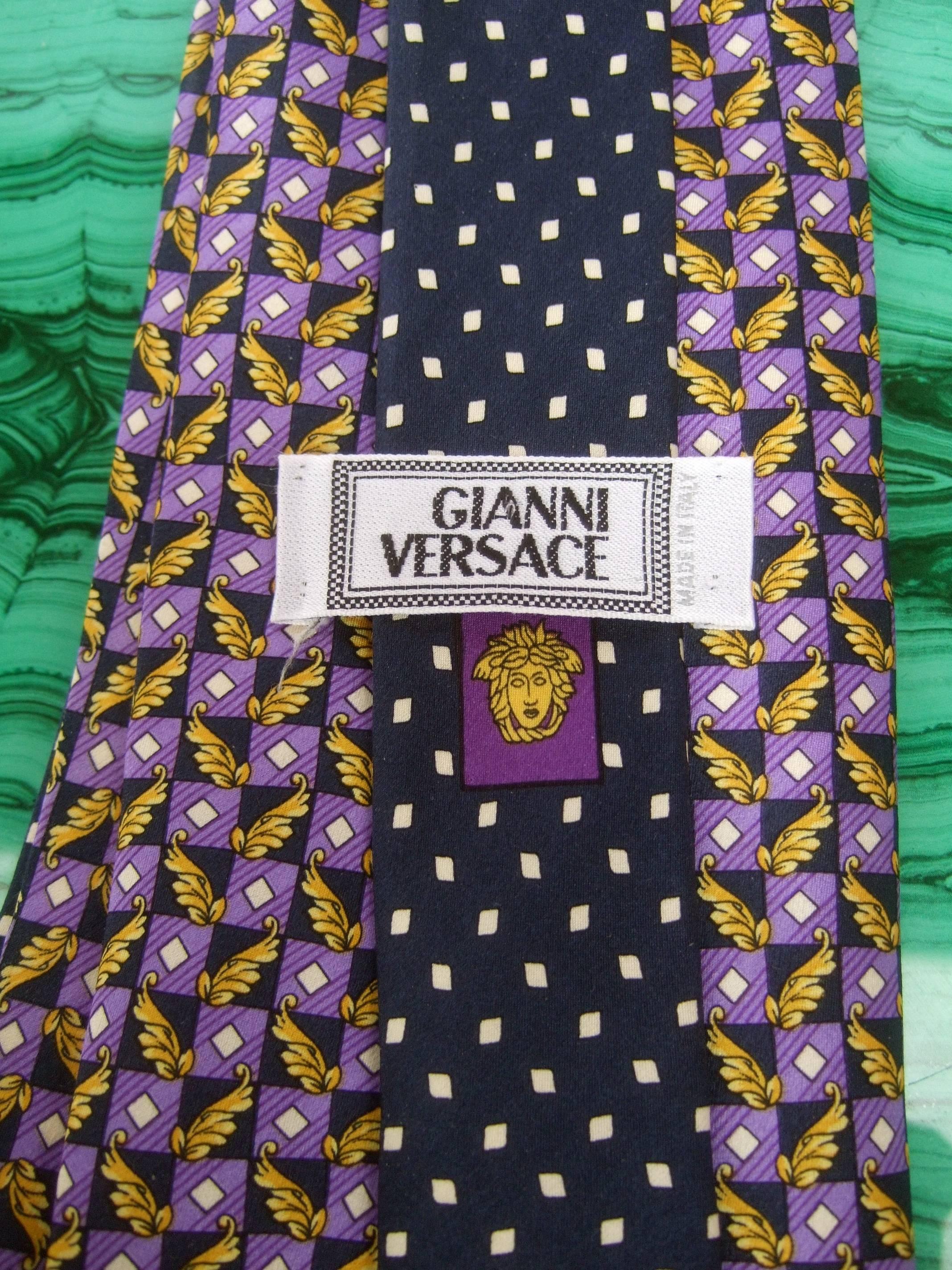 Men's Versace Italian Violet & Gold Graphic Print Silk Necktie c 1990s For Sale