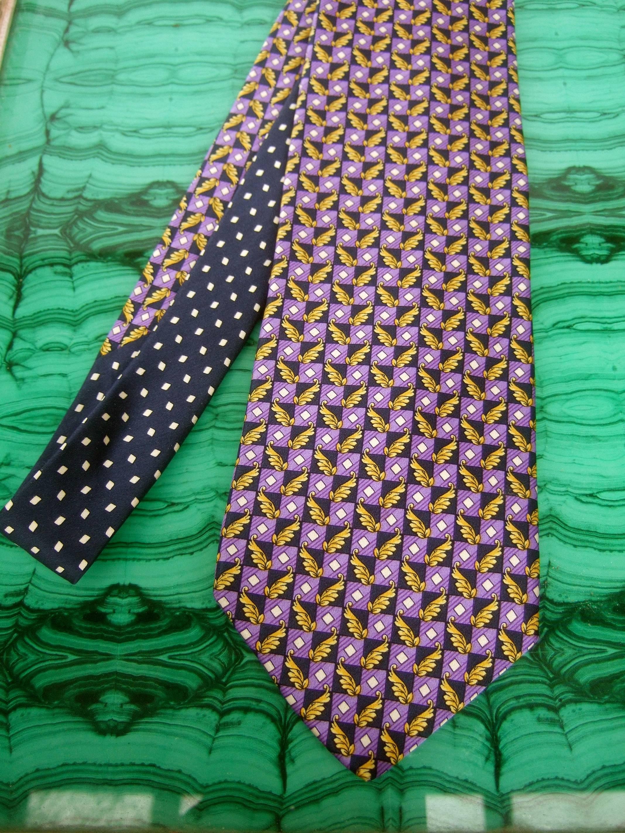 Versace Italian Violet & Gold Graphic Print Silk Necktie c 1990s For Sale 1