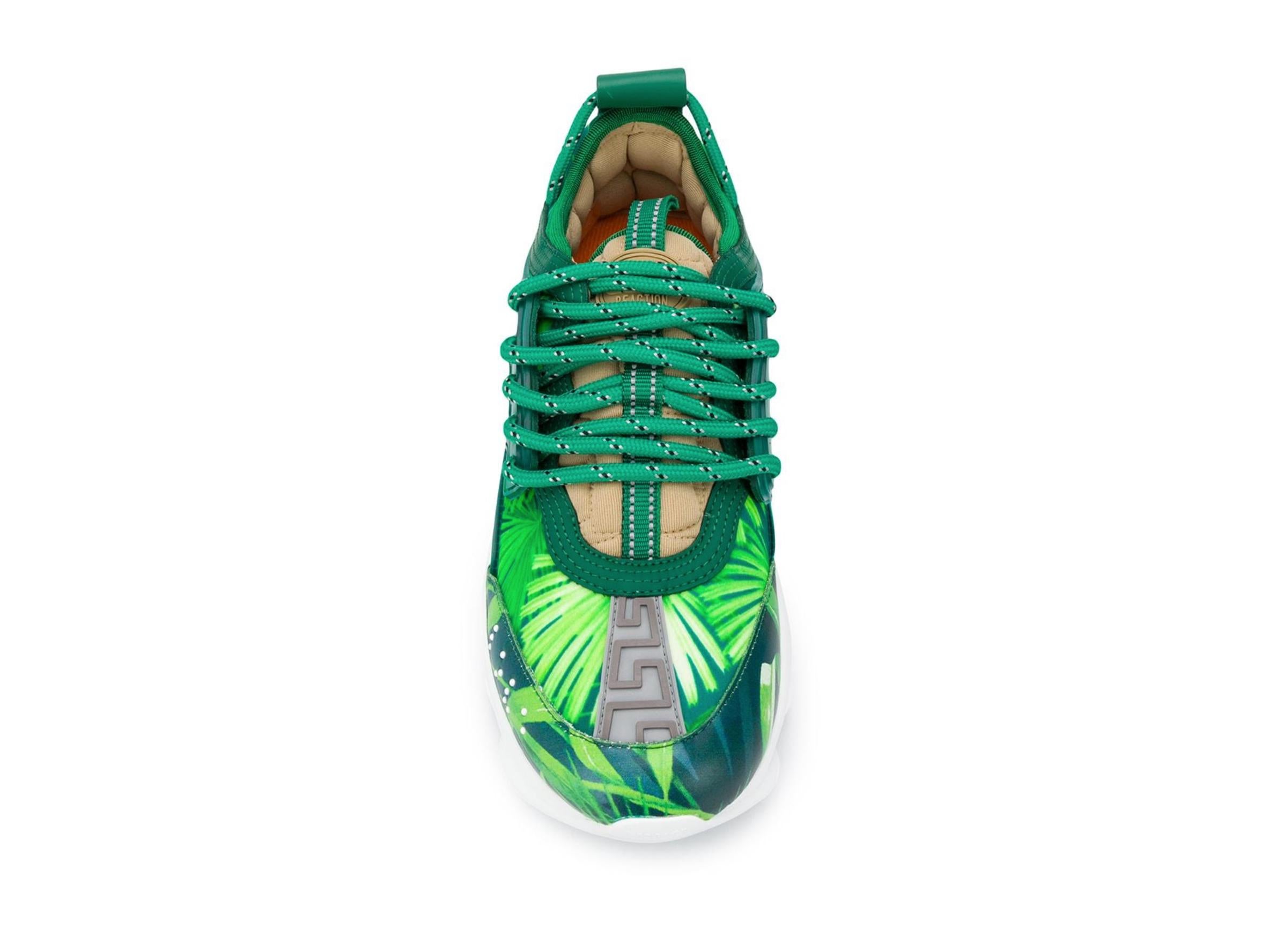 Versace J. Lo Inspired Jungle Print Leather/Fabric Chain Reaction Sneakers SZ 41 In New Condition In Paradise Island, BS