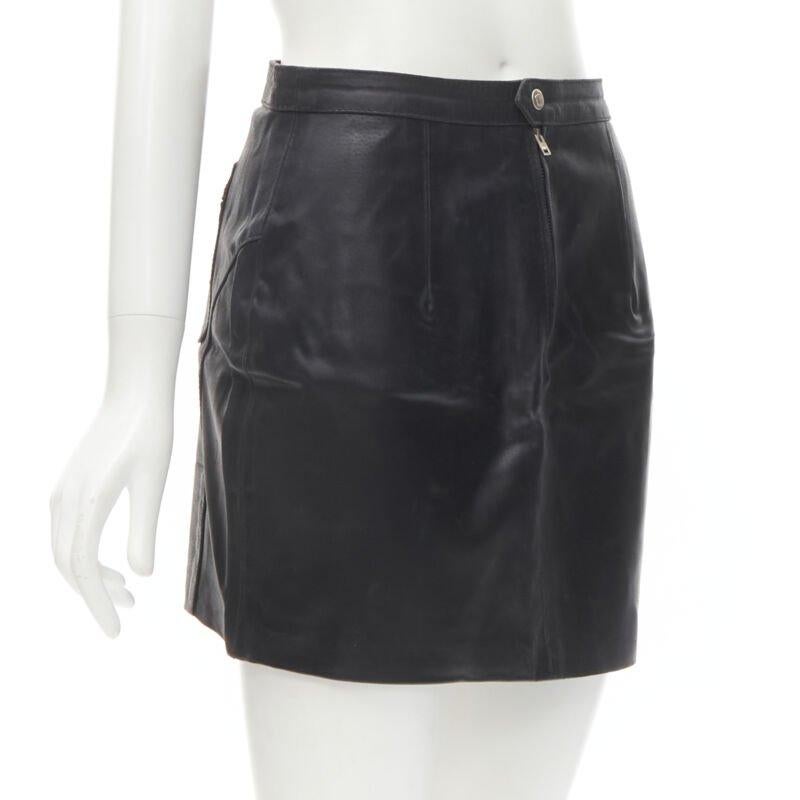 Black VERSACE JEAN COUTURE Vintage black leather Medusa zip contour mini skirt 28