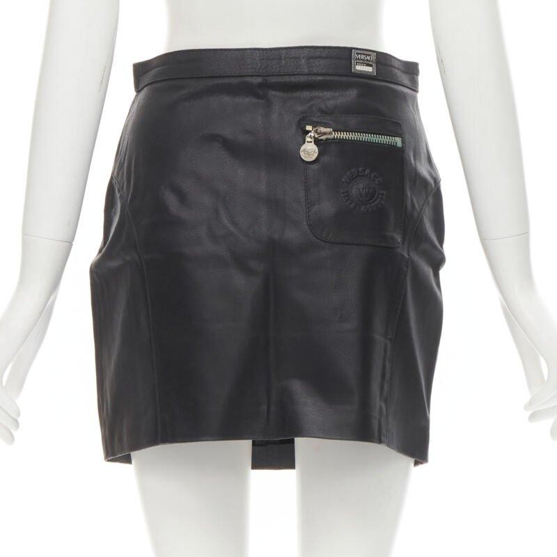 Women's VERSACE JEAN COUTURE Vintage black leather Medusa zip contour mini skirt 28