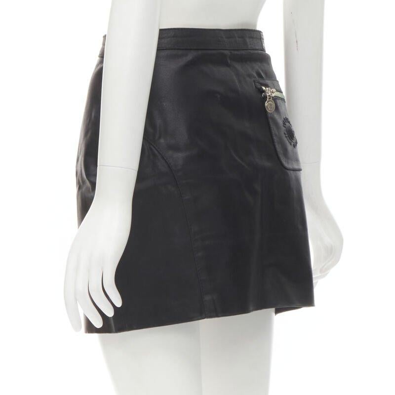 VERSACE JEAN COUTURE Vintage black leather Medusa zip contour mini skirt 28