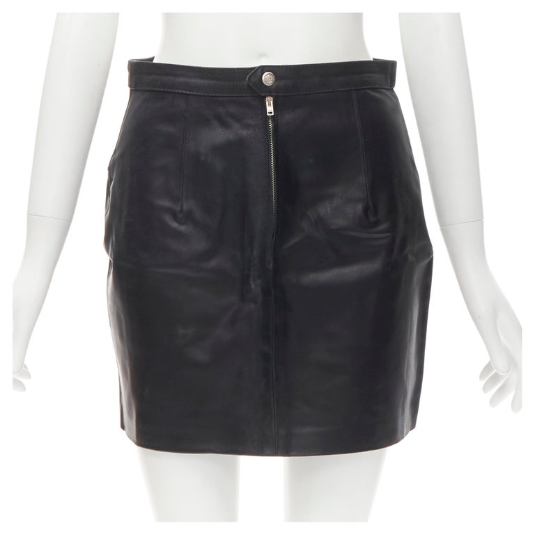 VERSACE JEAN COUTURE Vintage black leather Medusa zip contour mini skirt  28" For Sale at 1stDibs