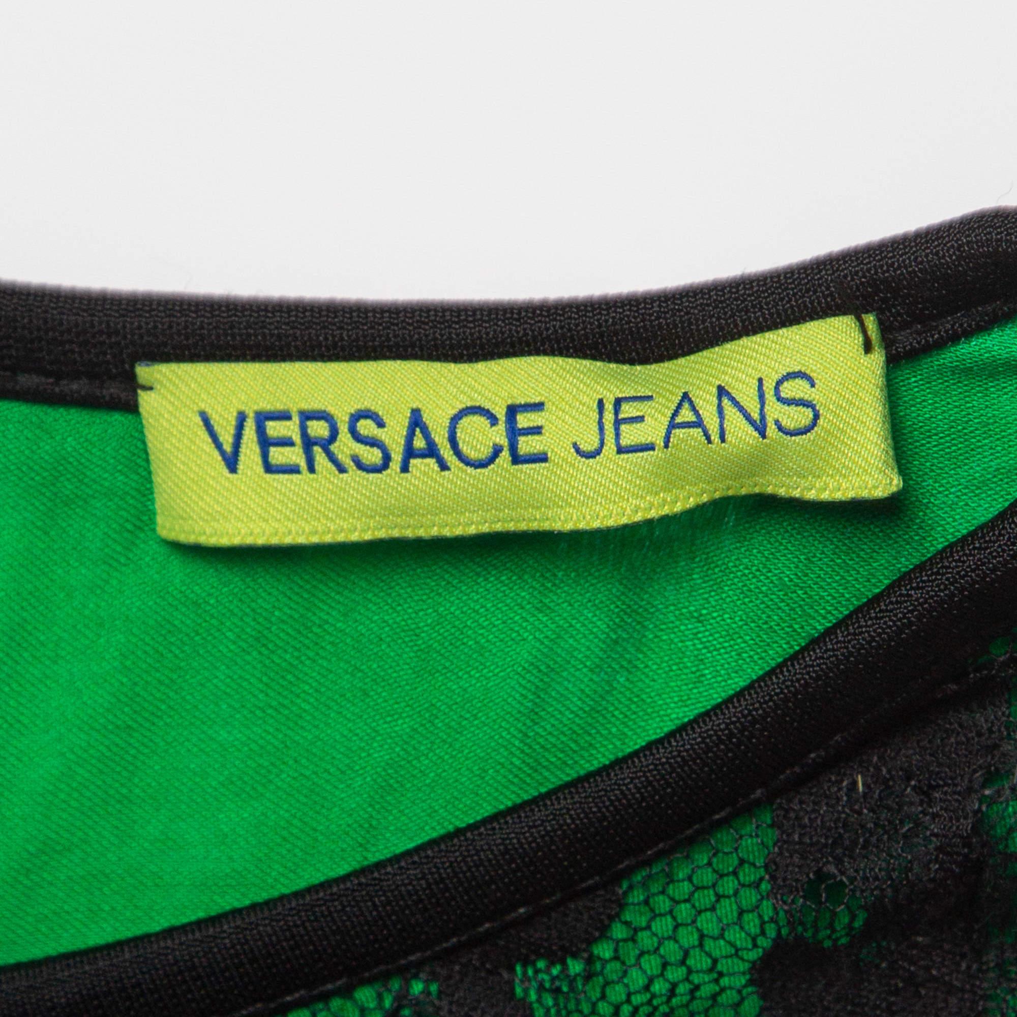 Versace Jeans Black/Green Lace Overlay Sleeveless Short Dress M Excellent état - En vente à Dubai, Al Qouz 2