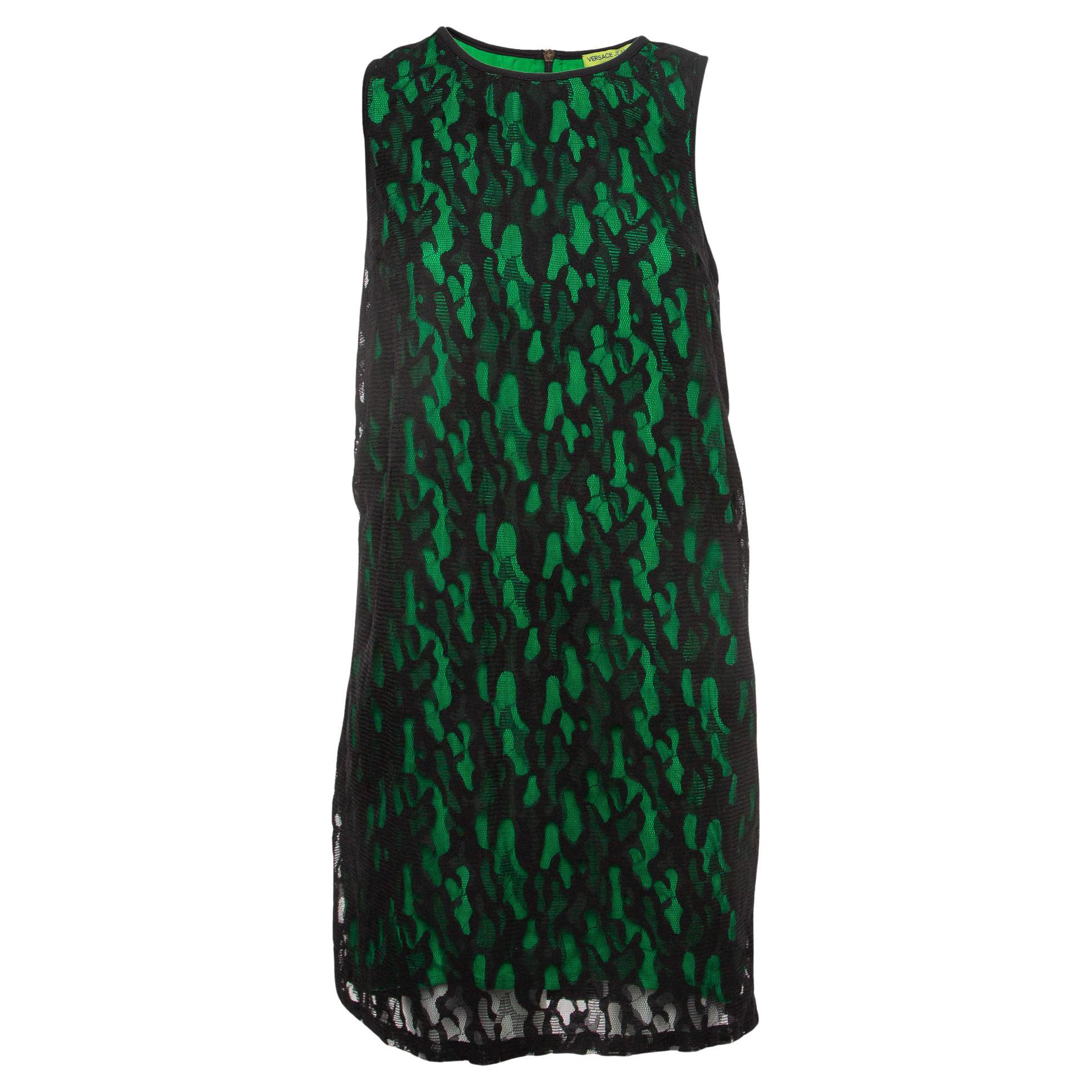 Versace Jeans Black/Green Lace Overlay Sleeveless Short Dress M For Sale