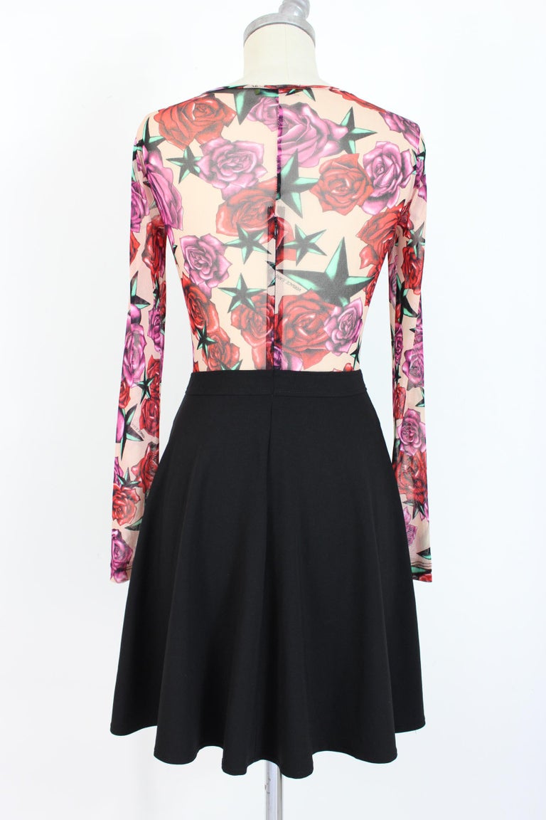 Versace Jeans Black Pink Floral Transparent Flared Short Cocktail