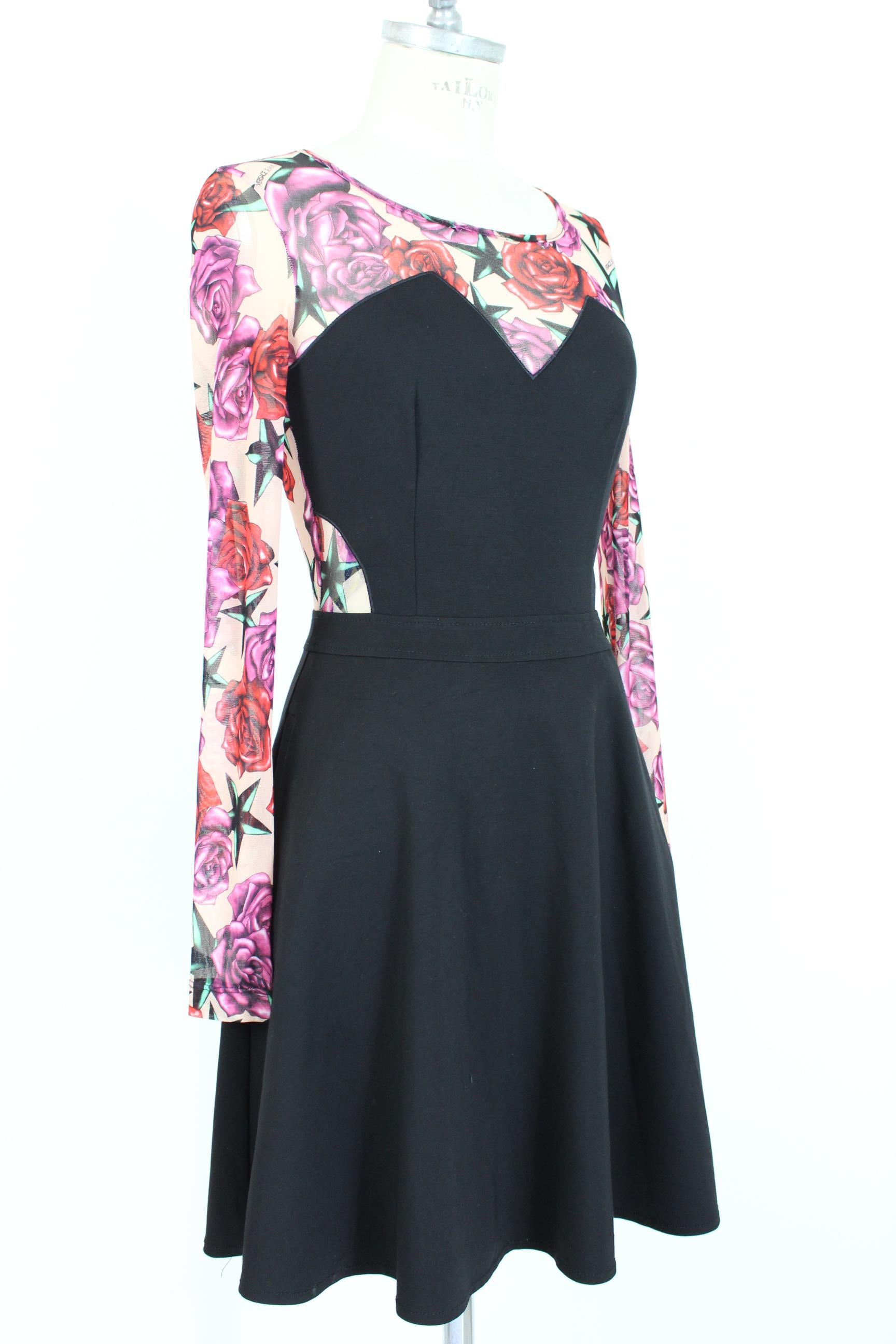 Versace Jeans Black Pink Floral Transparent Flared Short Cocktail Dress  In Excellent Condition In Brindisi, Bt