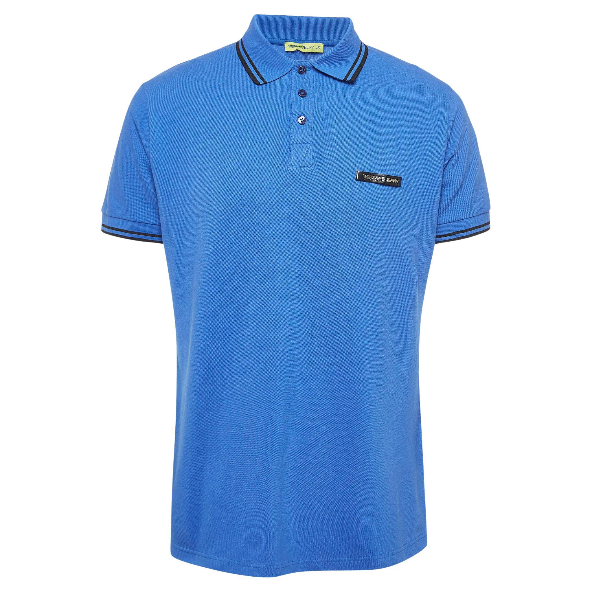 Versace Jeans Blue Logo Leather Trim Pique Cotton Polo T-Shirt XL