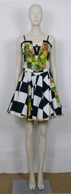 Versace Jeans Couture 1990s Chess and Tropical Flowers Print Dress