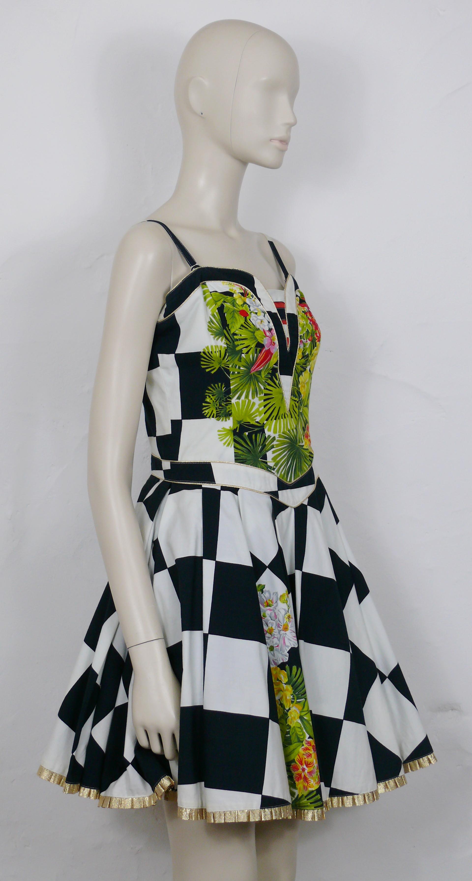 Gray Versace Jeans Couture 1990s Chess and Tropical Flowers Print Dress For Sale
