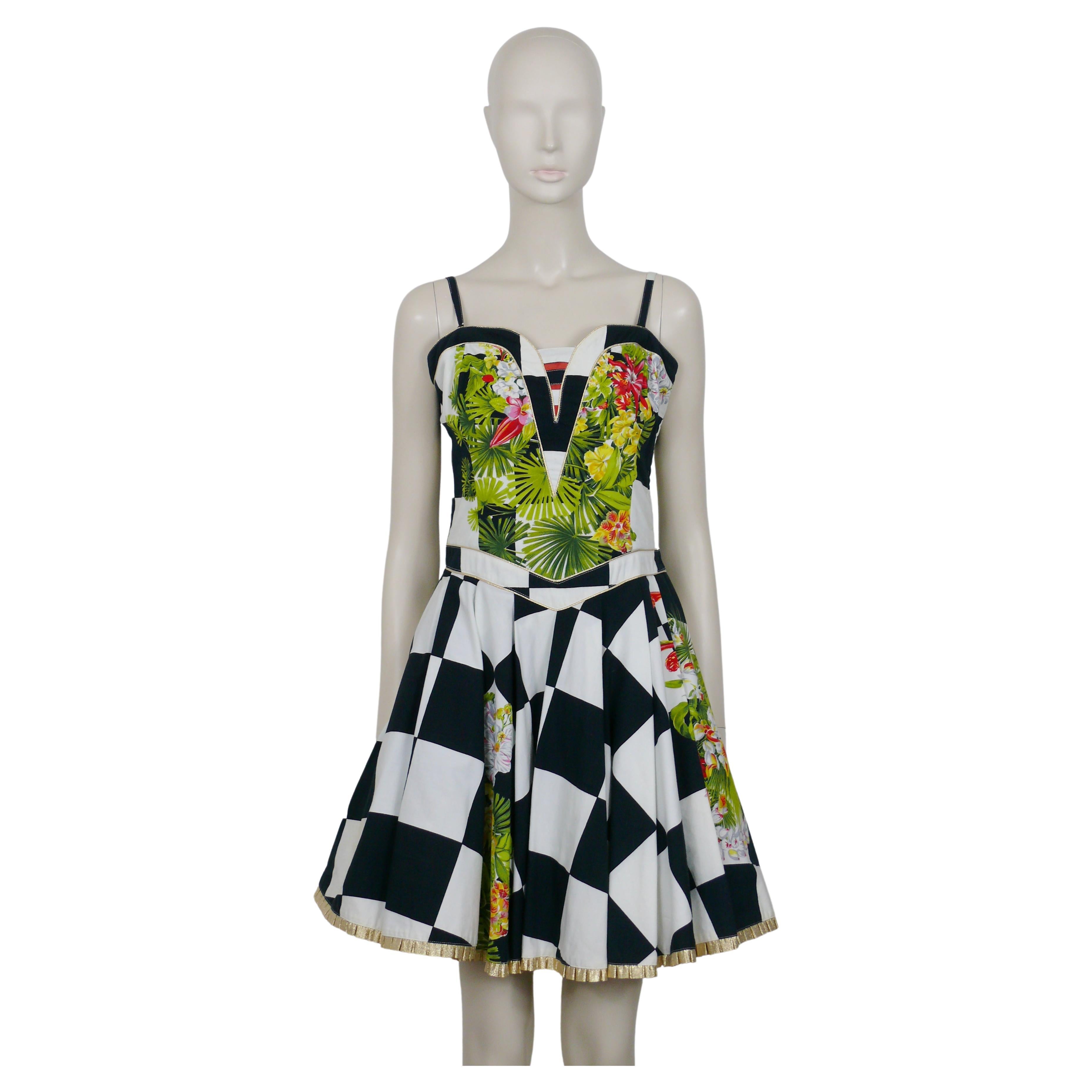 Versace Jeans Couture 1990s Chess and Tropical Flowers Print Dress