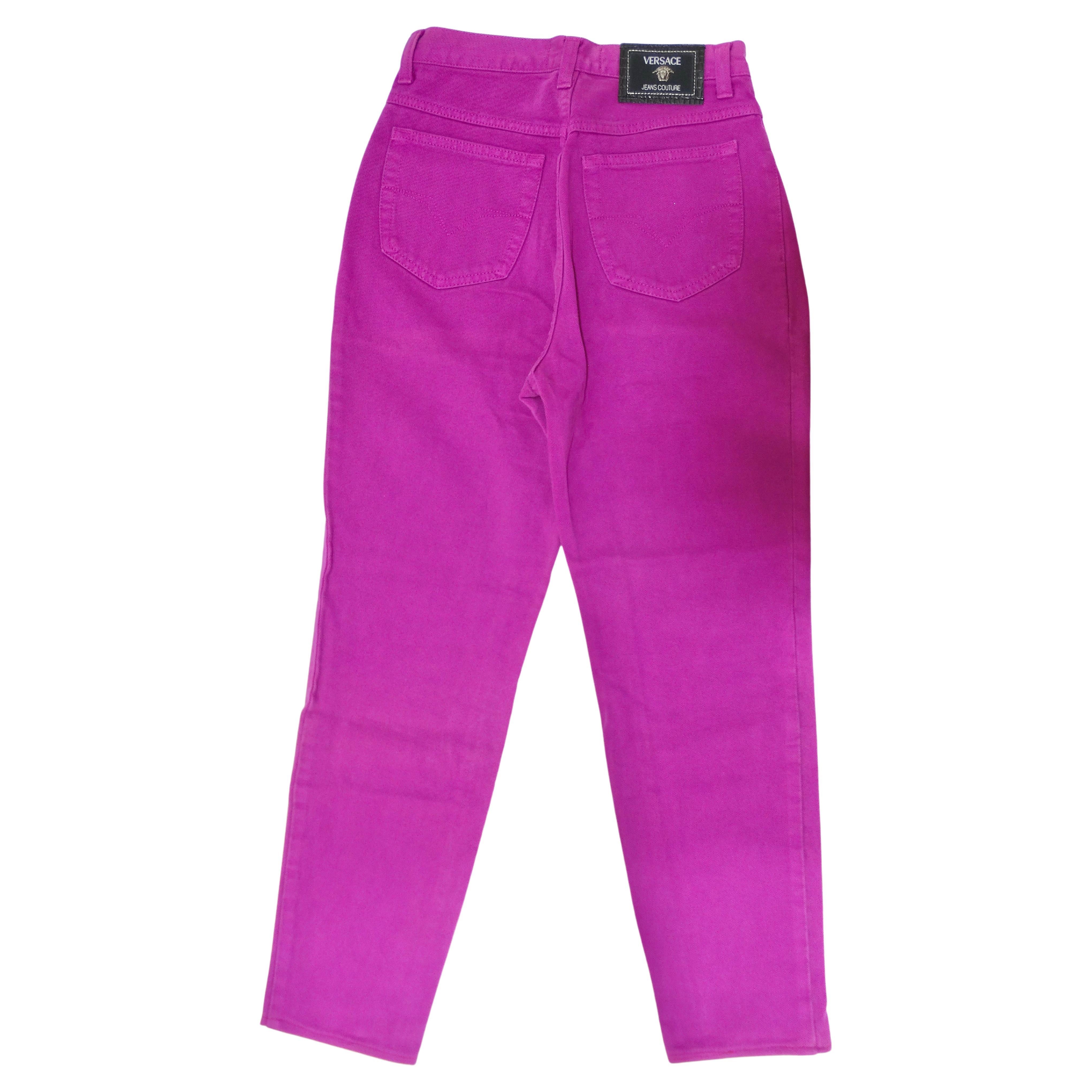 Pretty in purple! Stand out in these vibrant pair of jeans by Versace Jeans Couture straight out of the 1990's. These feature a soft worn denim, button closure, and tapered leg. Pair these jeans with some Prada chunky boots and a Jean Paul Gautier