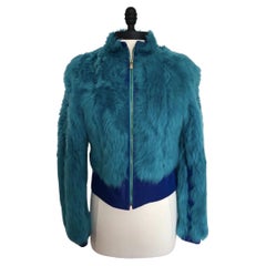 Vintage Versace Jeans Couture 90’s Aqua Blue Faux Fur Jacket