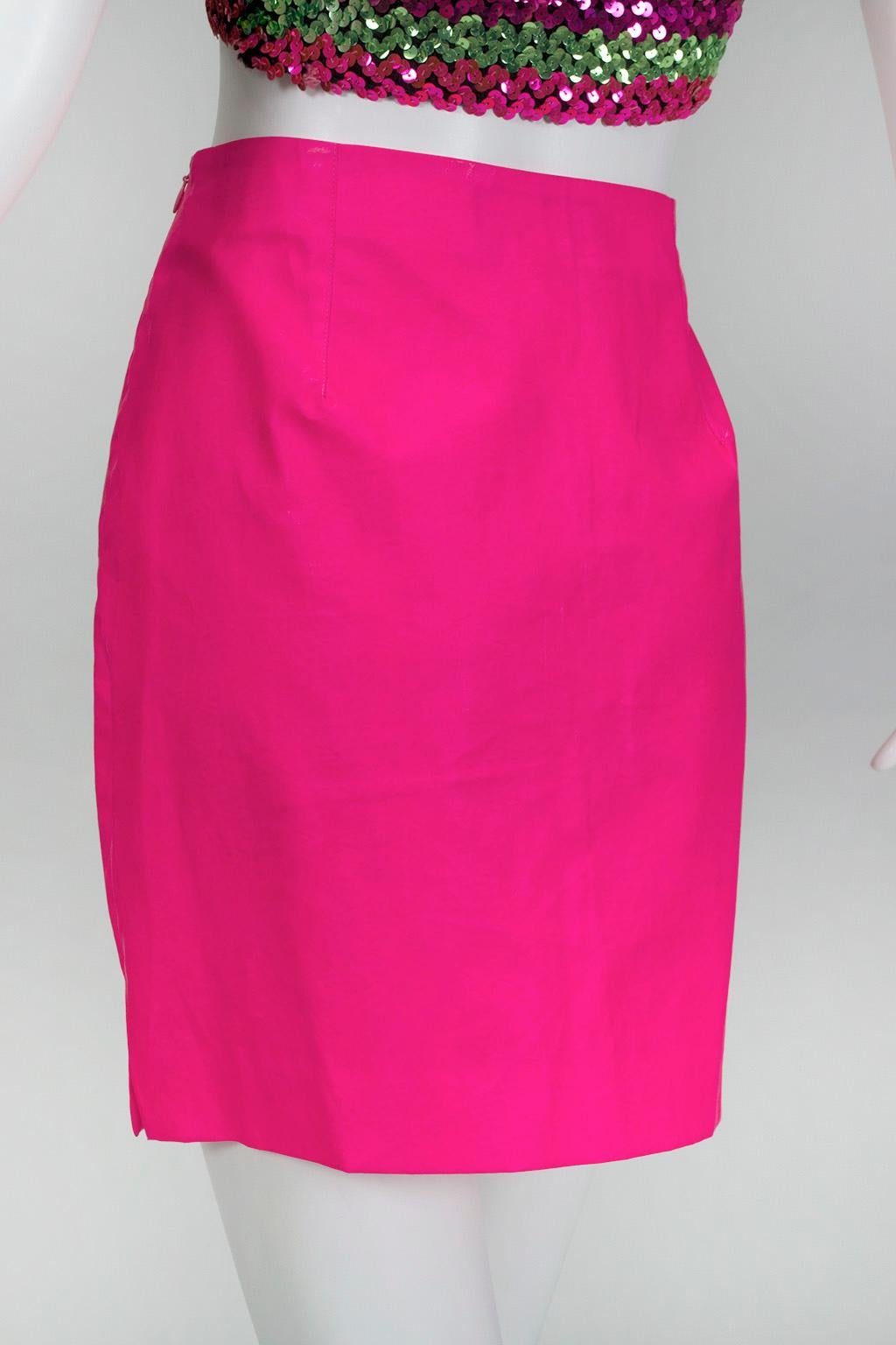 Red Versace Barbiecore Hot Pink Waxed Vegan Leather Mini Skirt - M, 1990s For Sale