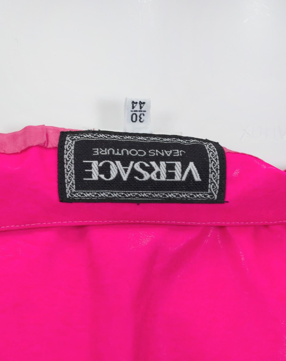 Women's Versace Barbiecore Hot Pink Waxed Vegan Leather Mini Skirt - M, 1990s For Sale