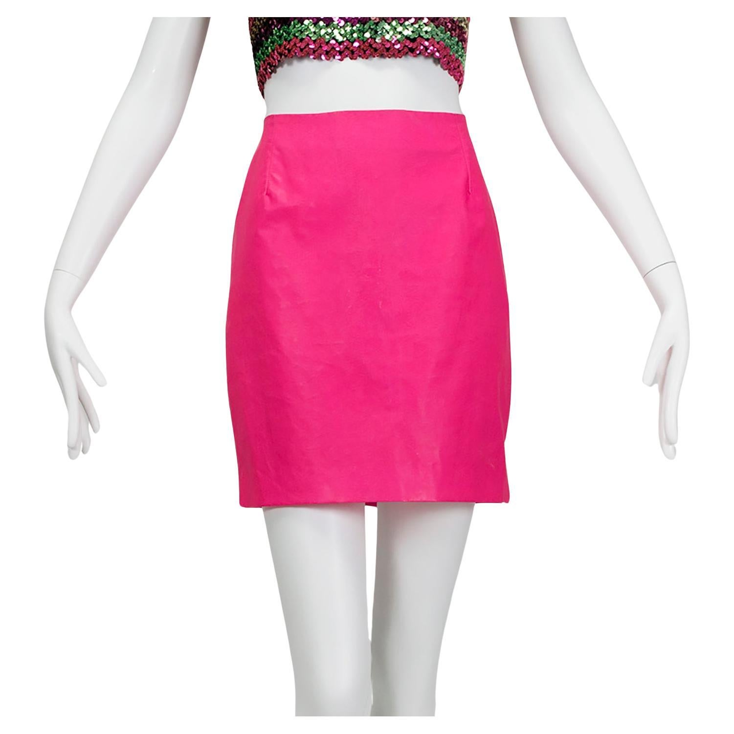 Versace Barbiecore Hot Pink Waxed Vegan Leather Mini Skirt - M, 1990s For Sale
