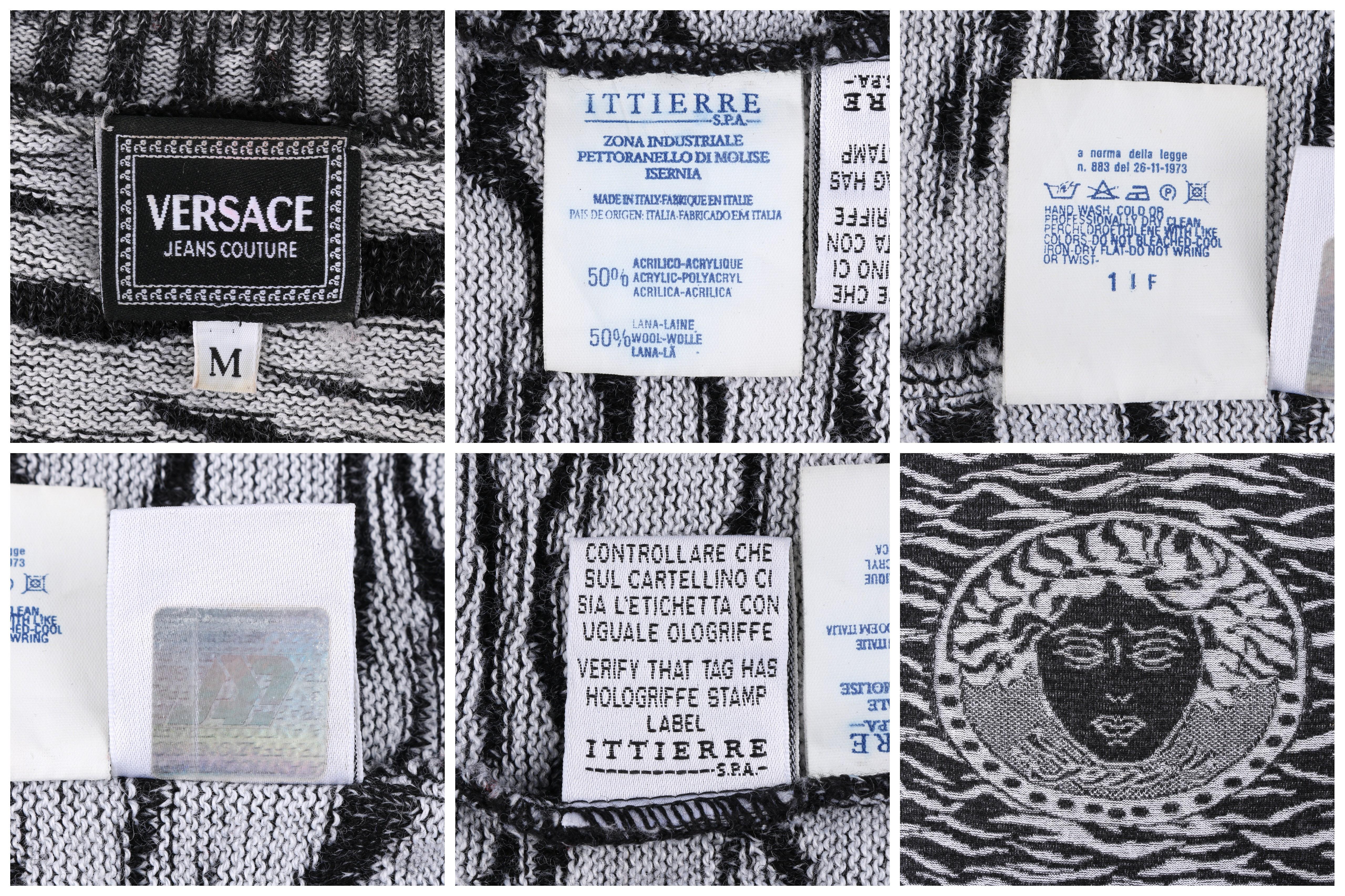 Women's VERSACE Jeans Couture Black White Zebra Print Medusa Face Wool Crew Neck Sweater