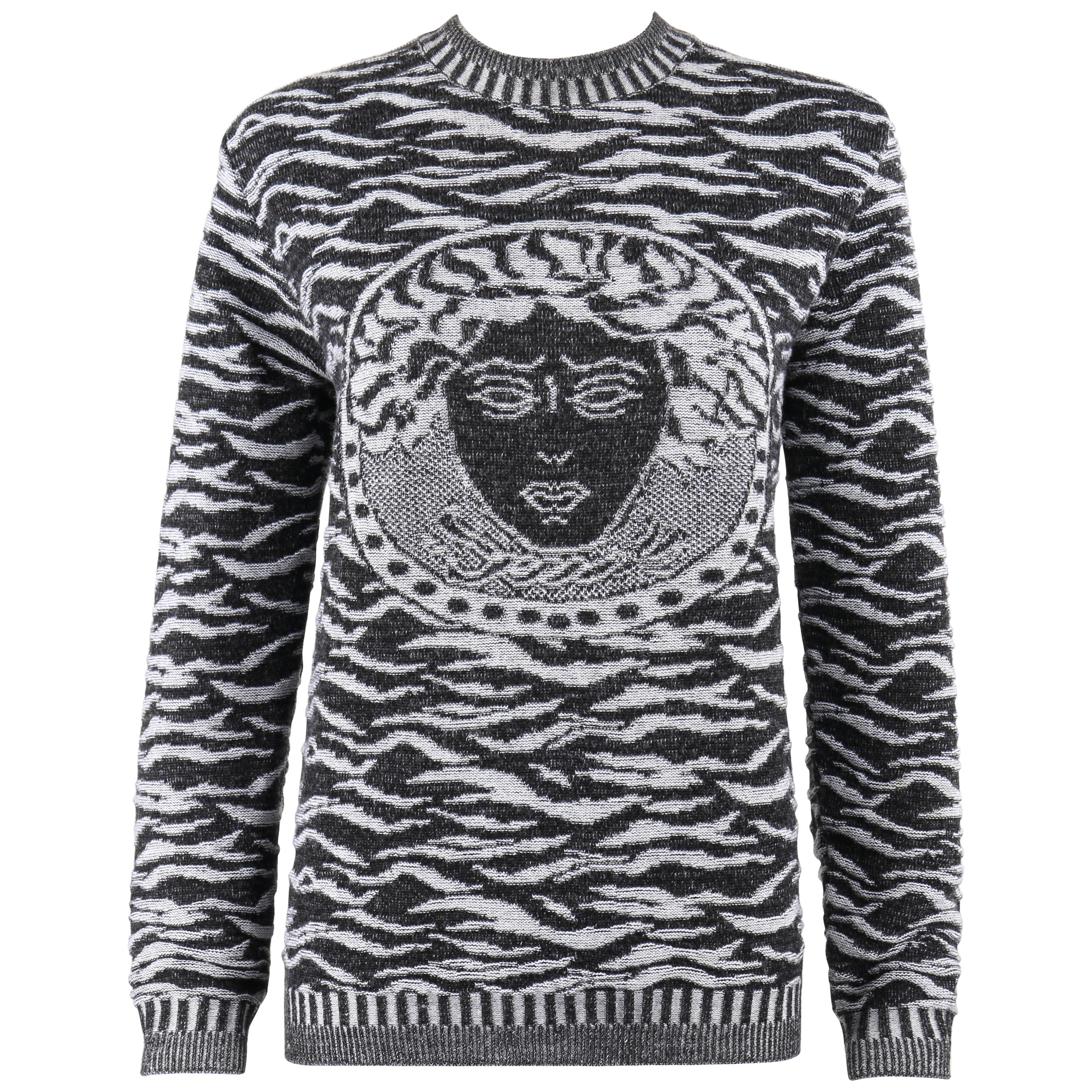 VERSACE Jeans Couture Black White Zebra Print Medusa Face Wool Crew Neck Sweater