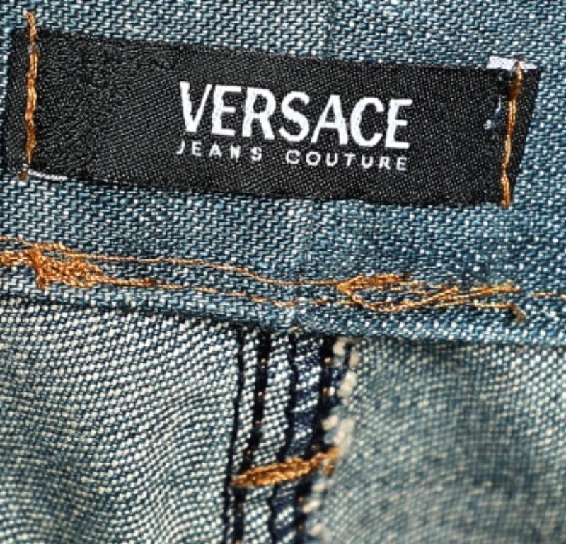 Gray Versace Jeans Couture Blue Embellished Denim Flared Leg Distressed Jeans L