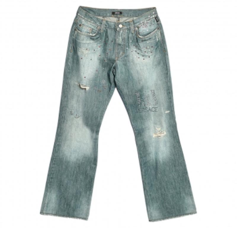 Versace Jeans Couture Blue Embellished Denim Flared Leg Distressed Jeans L 1