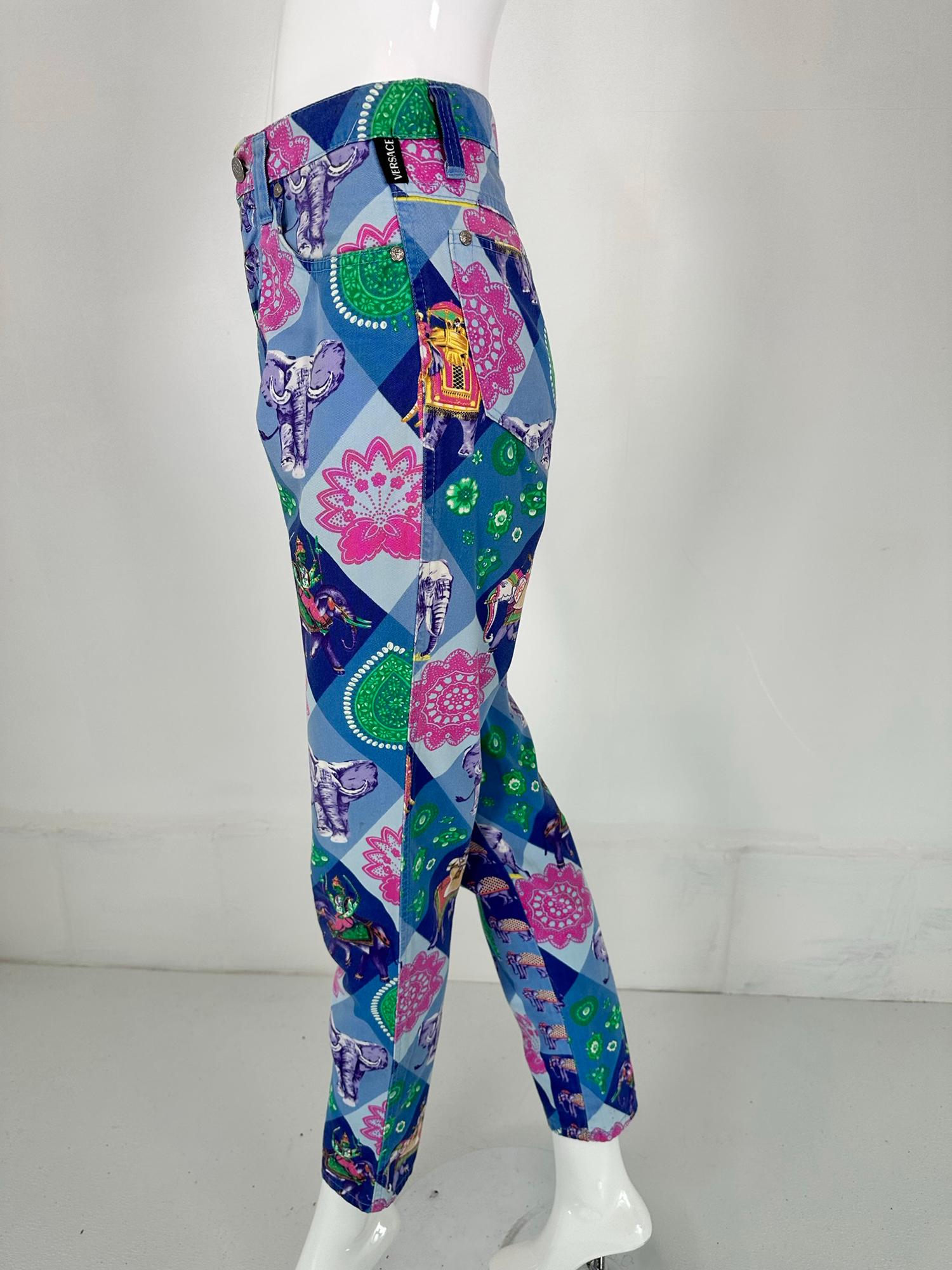 Versace Jeans Couture Blue India Elephant Print High Waist Fitted Jeans 1990s For Sale 6