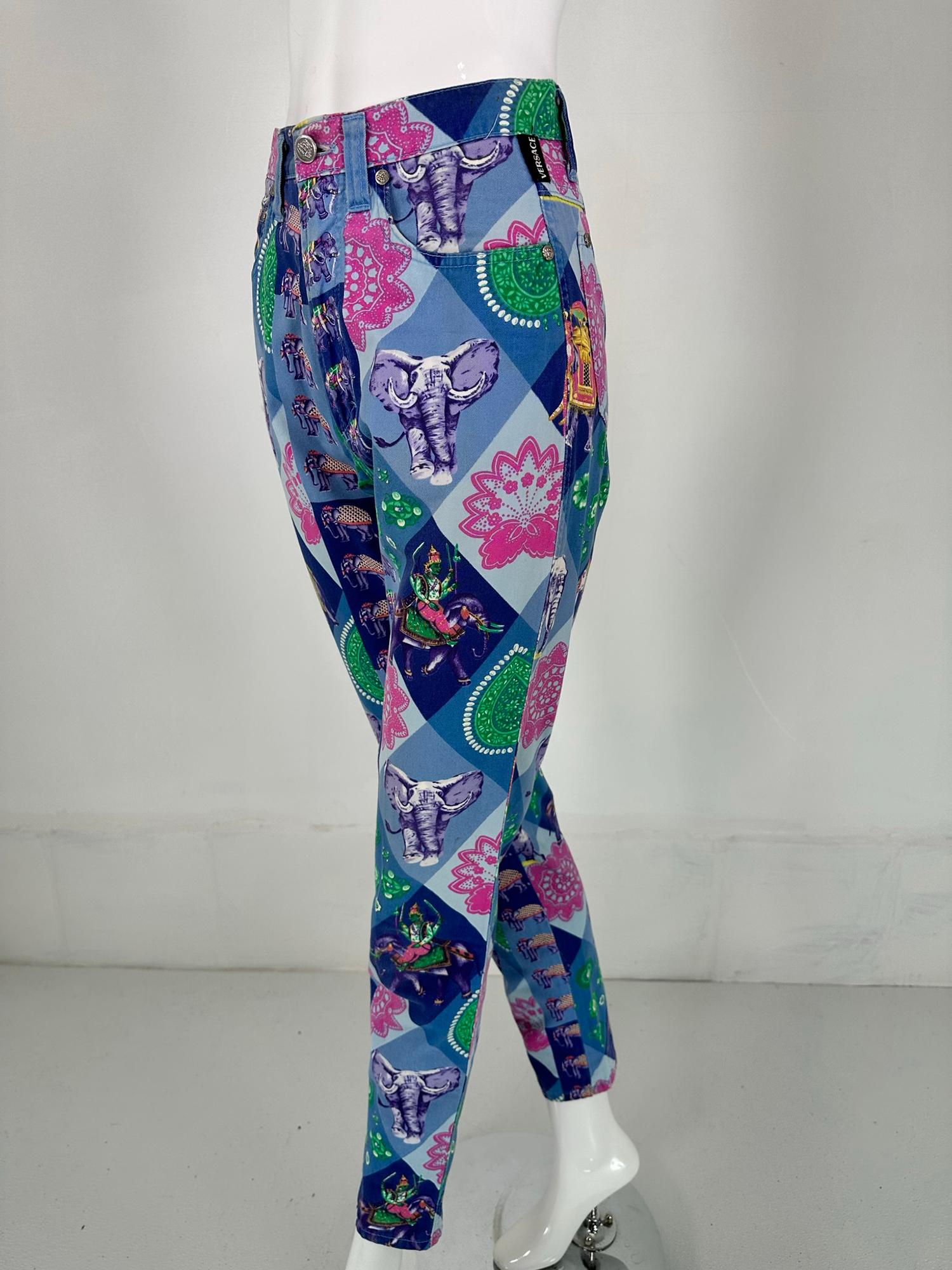 Versace Jeans Couture Blue India Elephant Print High Waist Fitted Jeans 1990s For Sale 7
