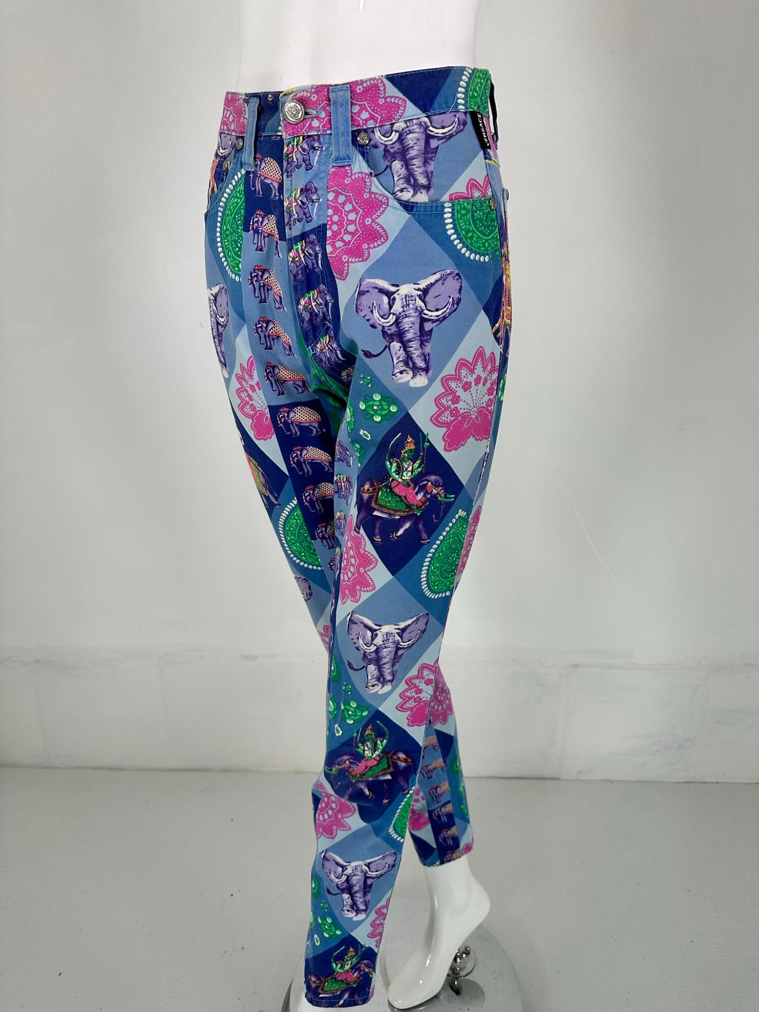 Versace Jeans Couture Blue India Elephant Print High Waist Fitted Jeans 1990s For Sale 8