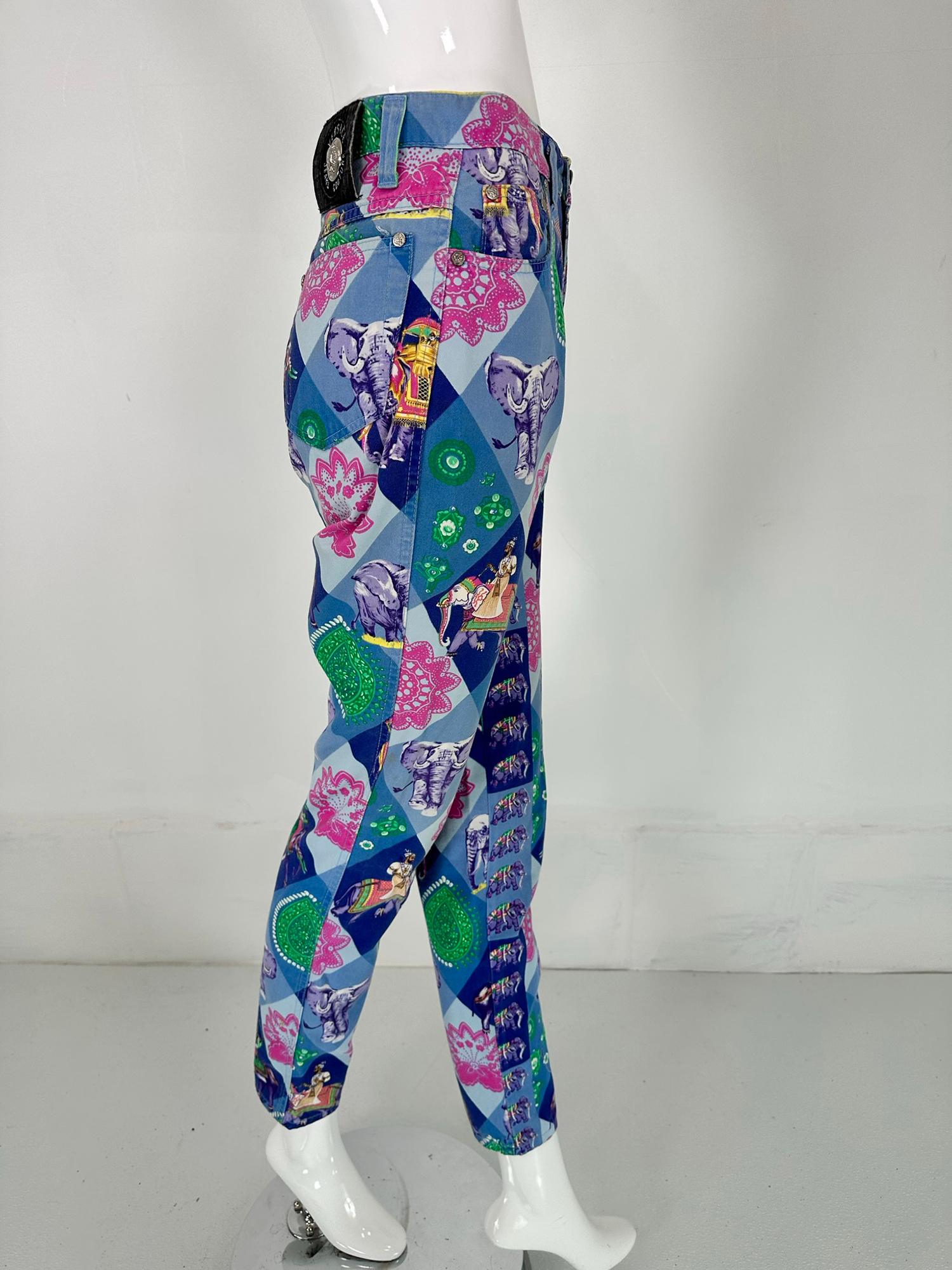 Women's Versace Jeans Couture Blue India Elephant Print High Waist Fitted Jeans 1990s For Sale