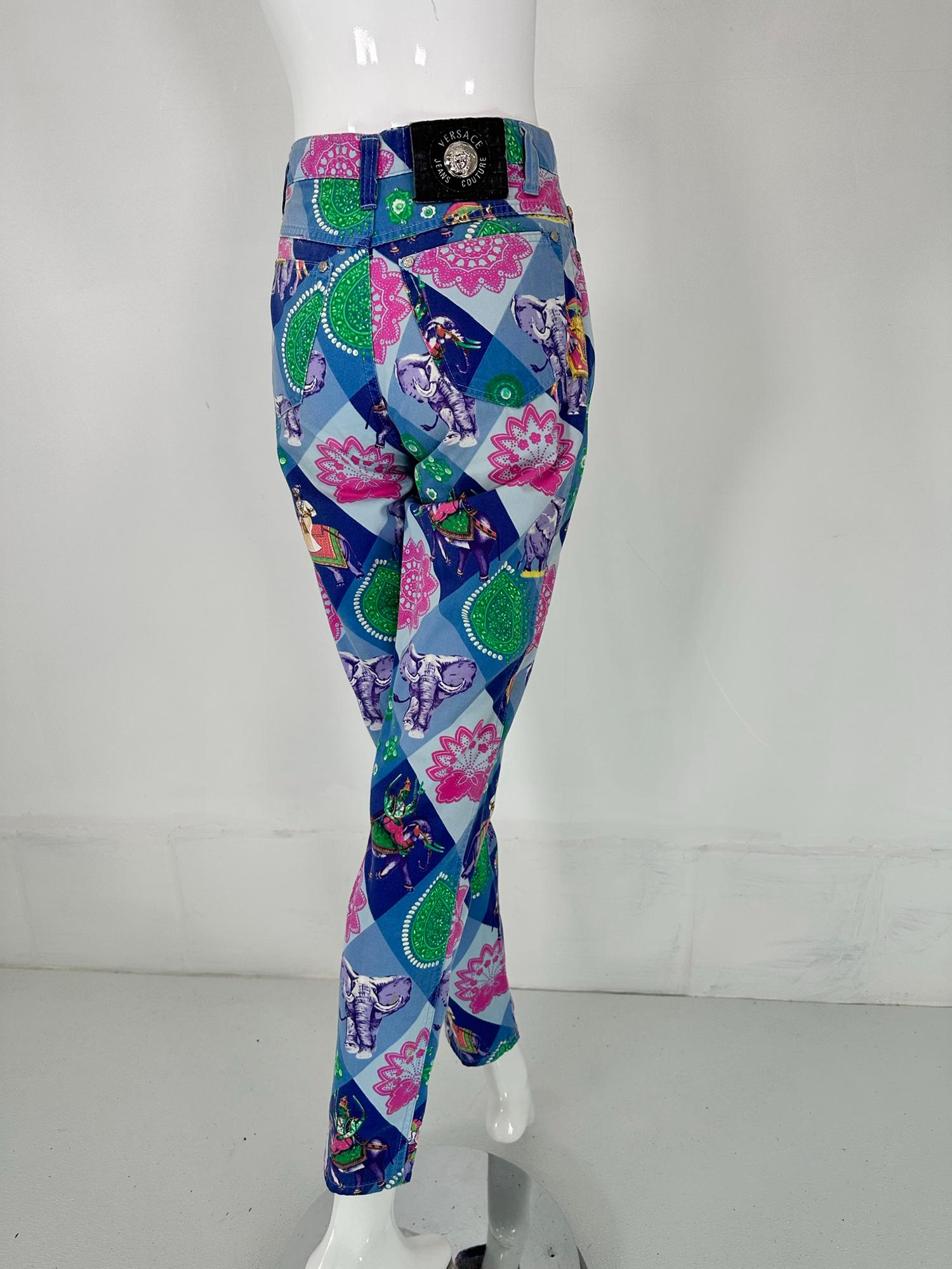 Versace Jeans Couture Blue India Elephant Print High Waist Fitted Jeans 1990s For Sale 2