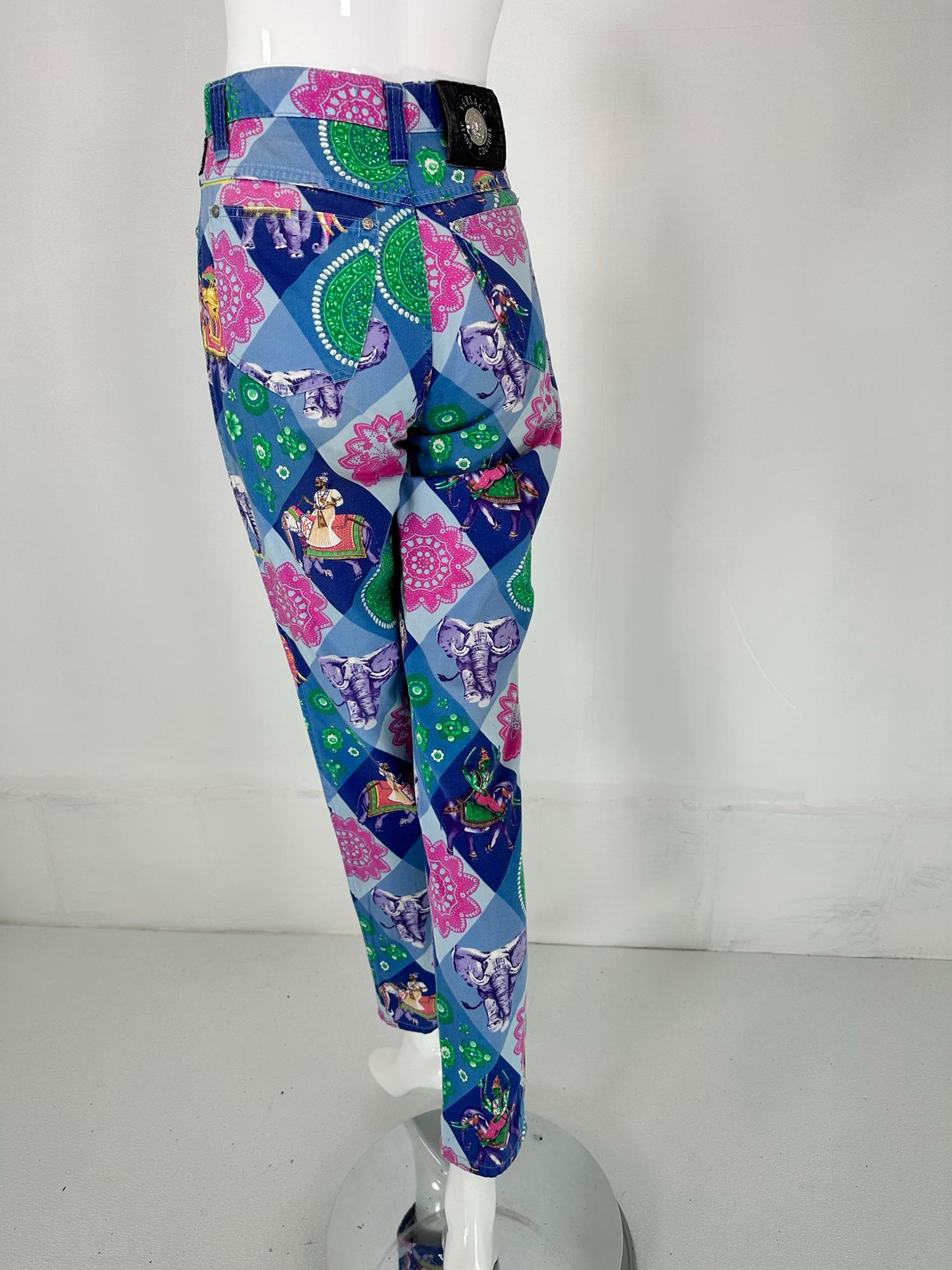 Versace Jeans Couture Blue India Elephant Print High Waist Fitted Jeans 1990s For Sale 4