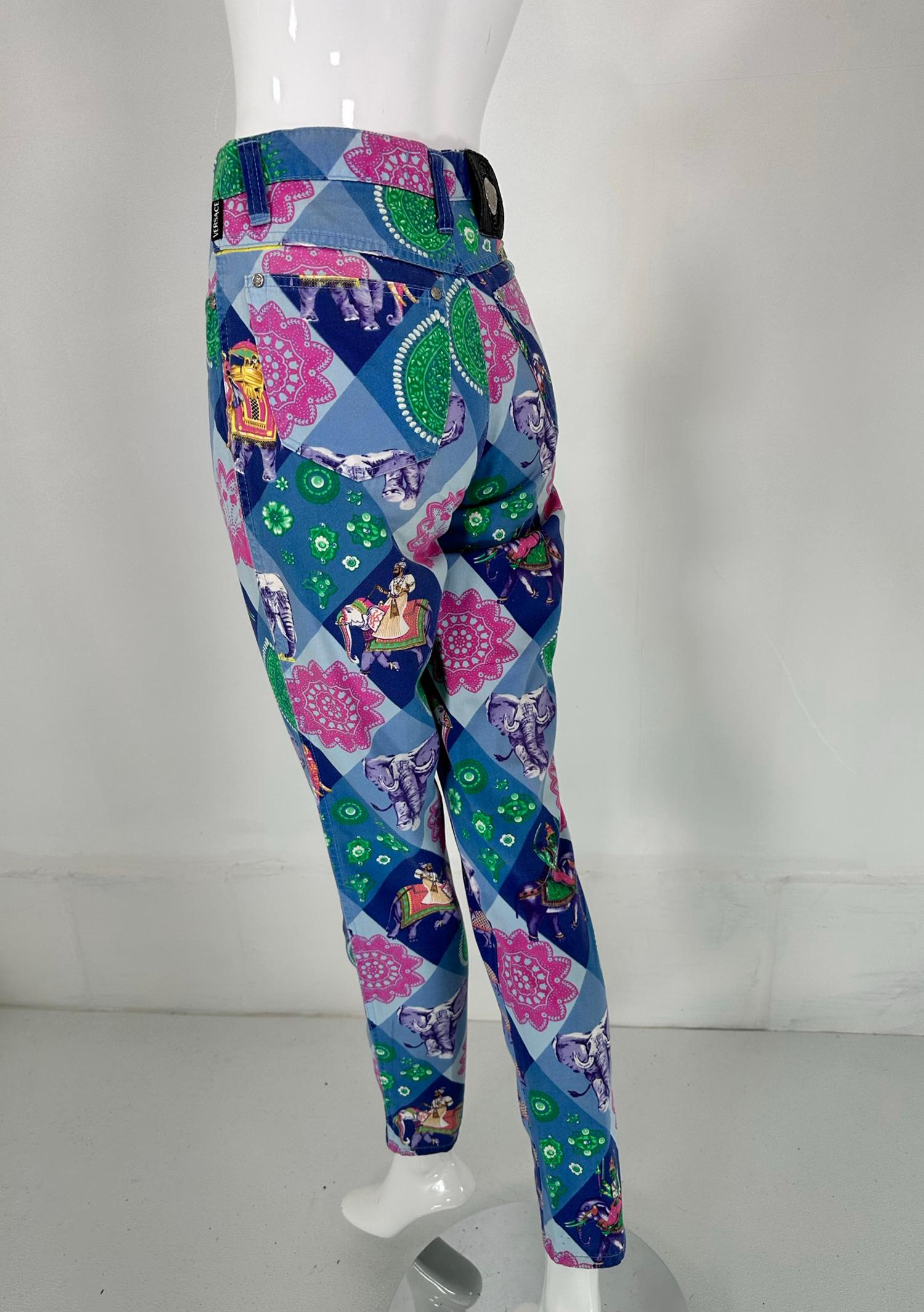 Versace Jeans Couture Blue India Elephant Print High Waist Fitted Jeans 1990s For Sale 5