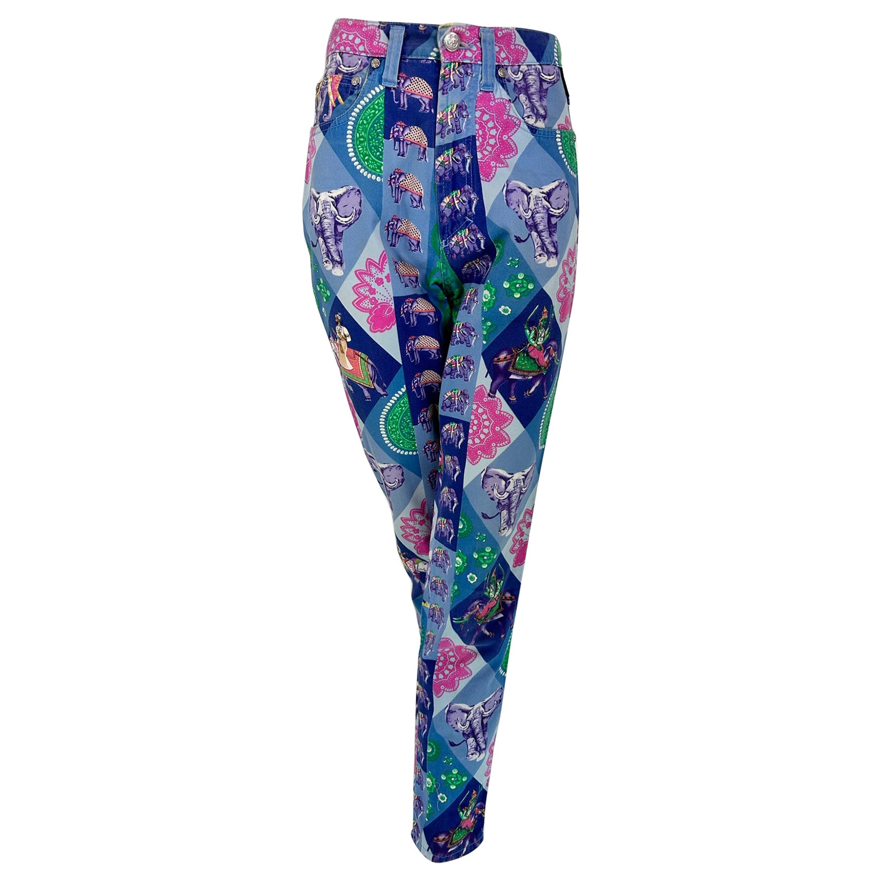 Versace Jeans Couture Azul India Estampado Elefante Cintura Alta Vaqueros Ajustados Años 90